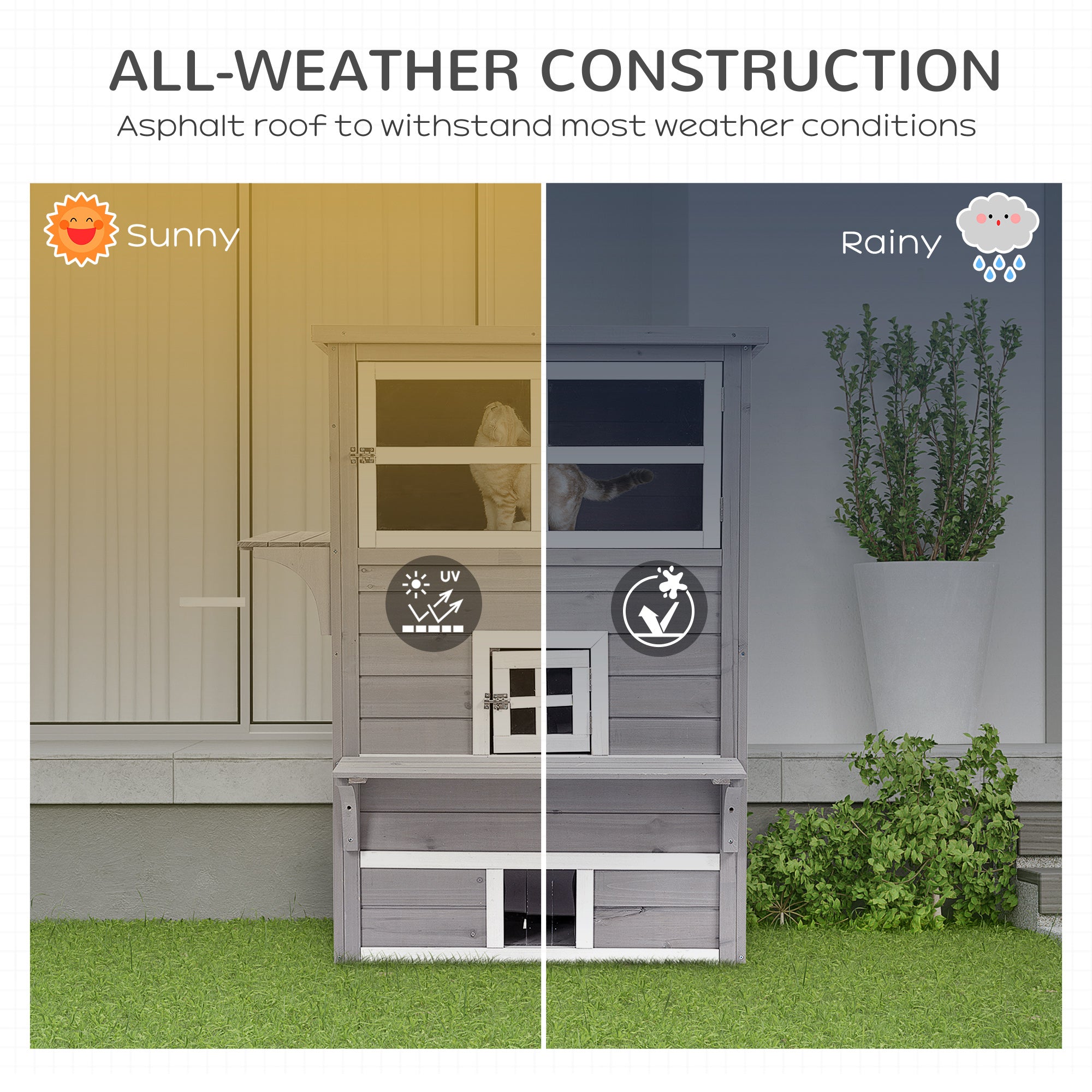 Outdoor Cat House, 3-Tier Kitty Shelter with 5 Escape Doors, Weather Resistant, Gray & White - Gray - Image 5
