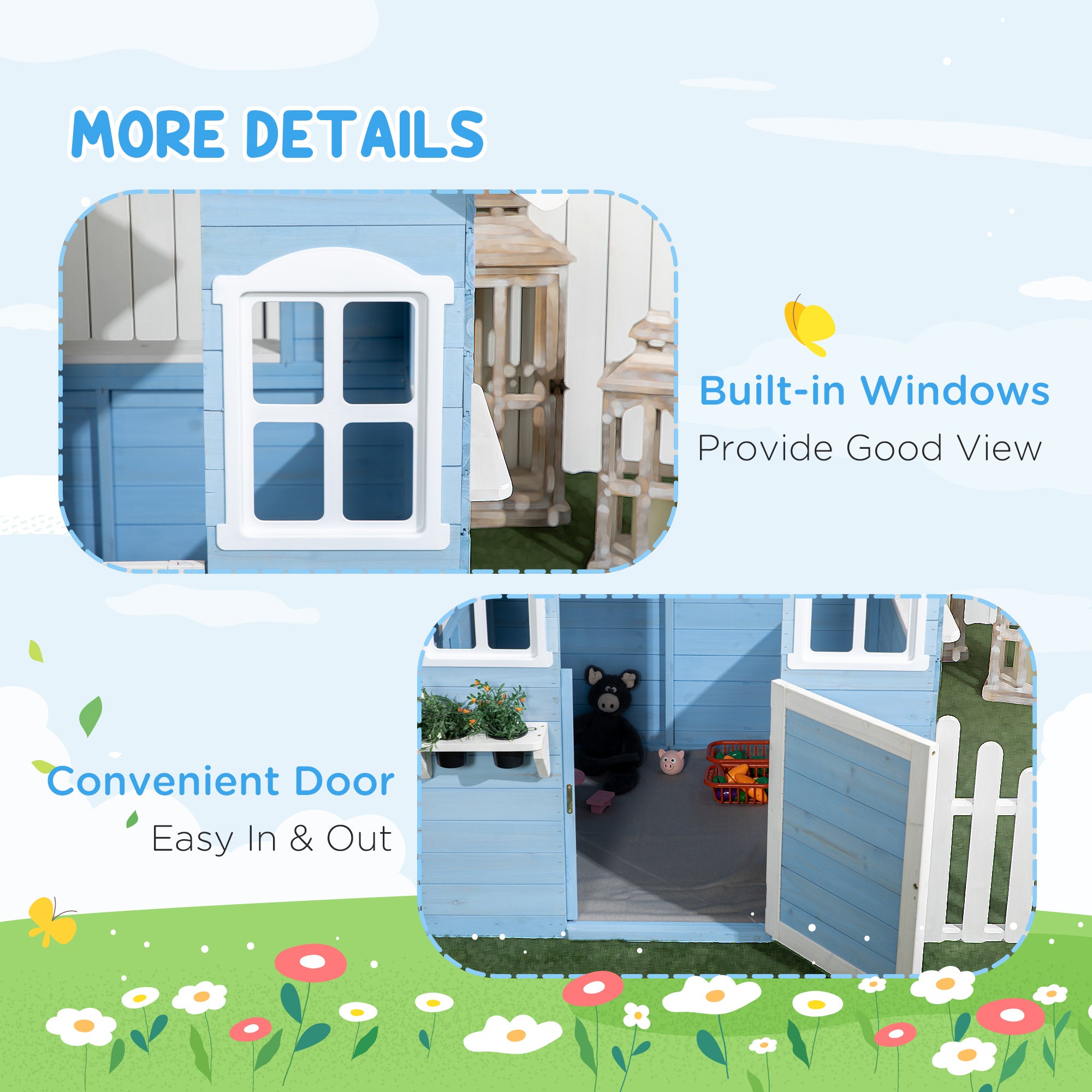 Wooden Playhouse for Kids Outdoor with Flower Pot Holders, Door, Windows, Service Stations for 3-7 Years, Blue