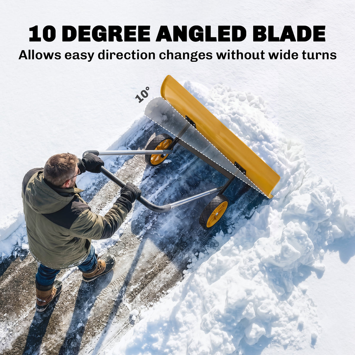 37-Inch Extra Wide Snow Shovel with Wheels, Heavy Duty Aluminum Snow Pusher with Ergonomic Adjustable Handle, Yellow