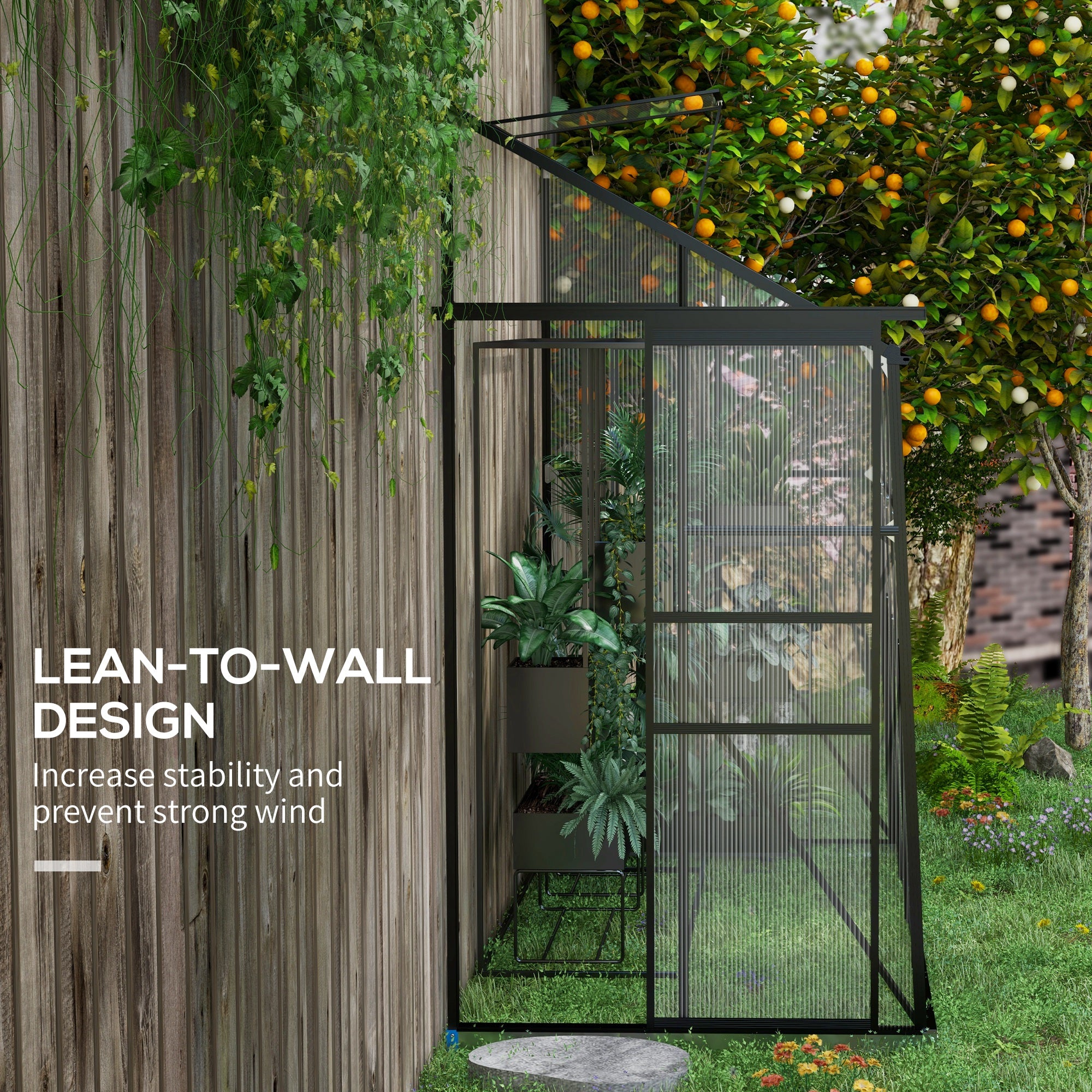 8' x 4' Walk-in Polycarbonate Greenhouse, Lean-to Aluminum Green House with Rain Gutter and Foundation, Black - Black - Image 5
