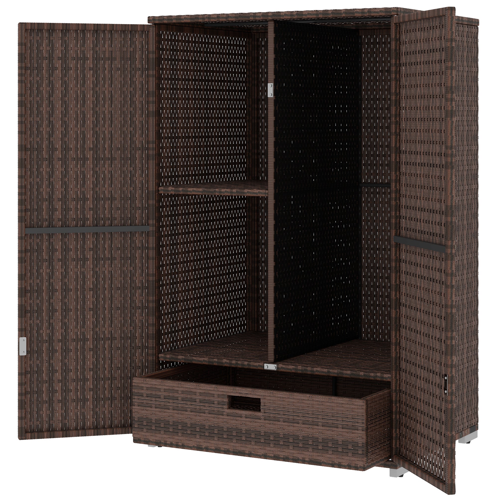 Outdoor Storage Cabinet with Shelves, Rattan Pool Towel Storage Cabinet with Removable Shelf & Drawer, Mixed Brown - Brown