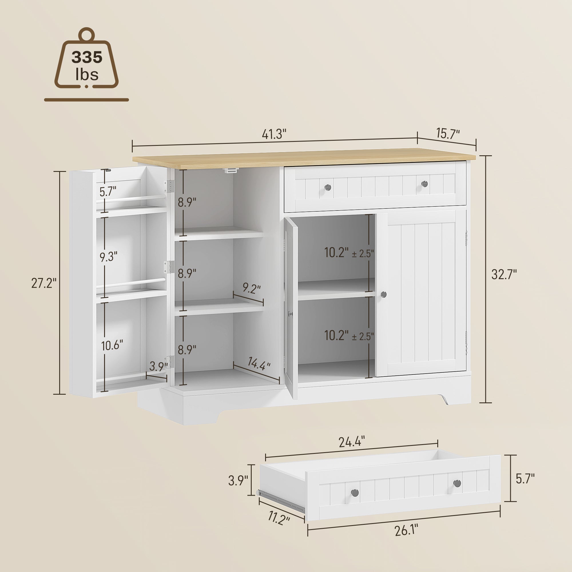 Modern Sideboard Cabinet, 41" Kitchen Buffet Cabinet with Drawer, Adjustable Shelf, 3 Doors for Dining Room, White