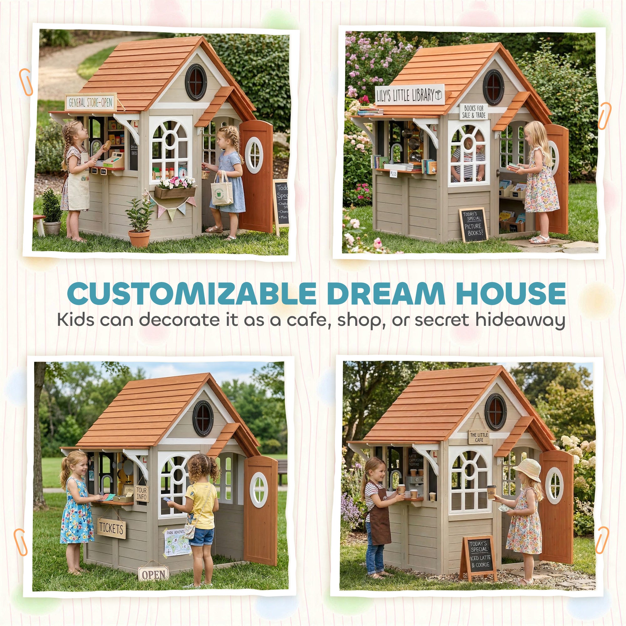 Outdoor Playhouse, Wooden Kids Playhouse with Dog Door, Cookware, Blackboard, Clock, Tic-Tac-Toe Roller for Backyard
