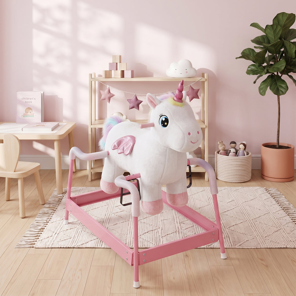 Kids Spring Rocking Horse, Unicorn Ride on Horse with Neighing Sounds, Plush Animal Ride on Toy for Ages 3+, White