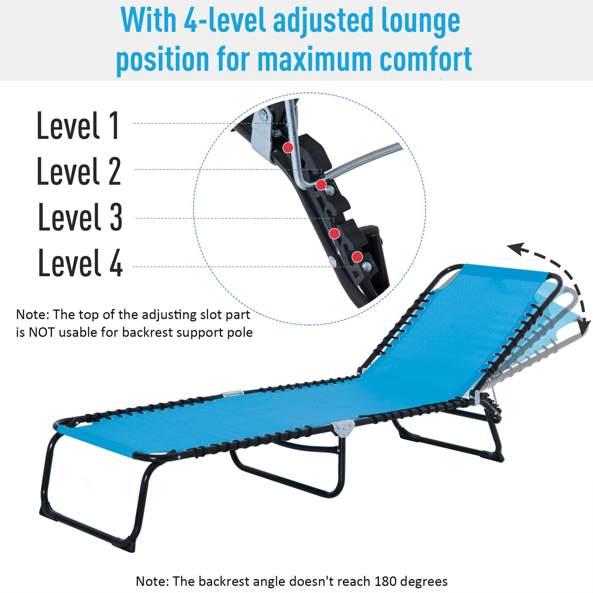 Foldable Chaise Lounge, 4-Position Reclining Back, Trifold Portable design and Breathable Mesh for Poolside,Camping, Hiking - Light Blue