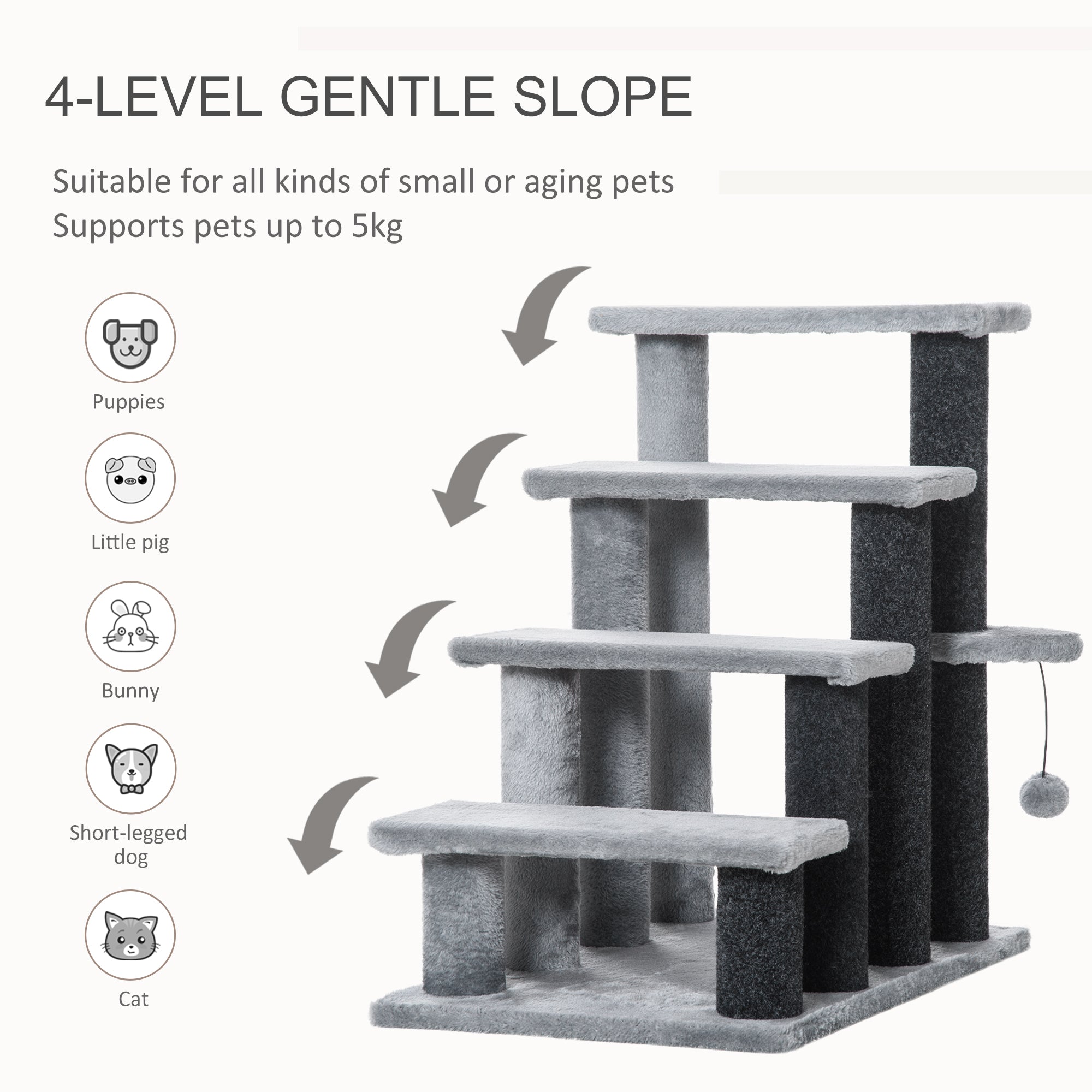 Cat Tree, Cat Tower Cat Stair Steps with Scratching Post, Hanging Play Ball for High Bed, Sofa, Indoor / Outdoor - Light Grey - Image 4