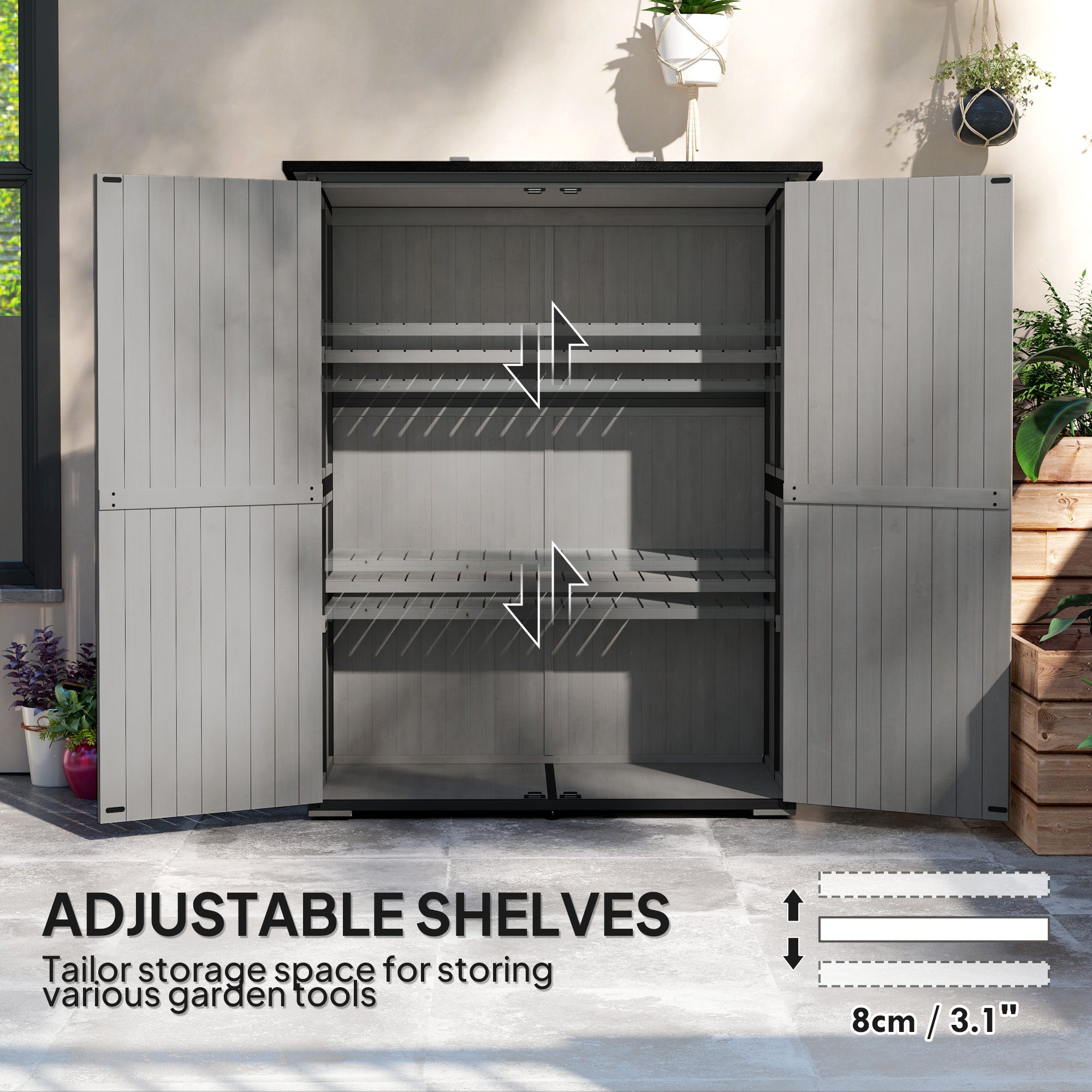 Wood Storage Shed, Outdoor Garden Shed with Asphalt Roof, 2 Shelves, Lockable Doors and Adjustable Feet, Gray - Gray - Image 6