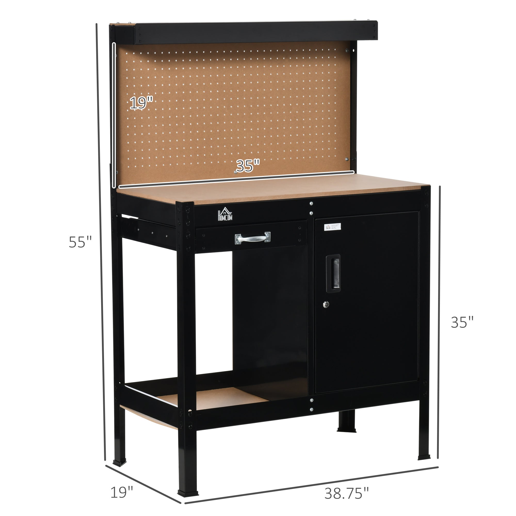 Multipurpose Workbench, Workshop Tool Table with Slide Drawer. Peg Board, Storage Cabinet with Keys