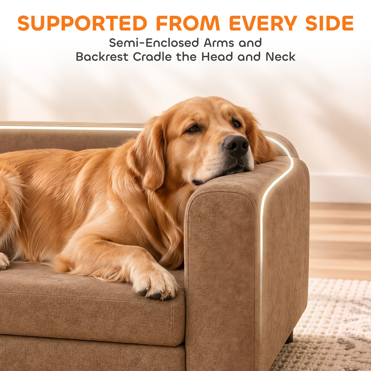 Dog Bed for Large Breeds, Soft Velvet Dog Couch with Removable Cushion, Backrest, Armrest and Low Feet, Brown