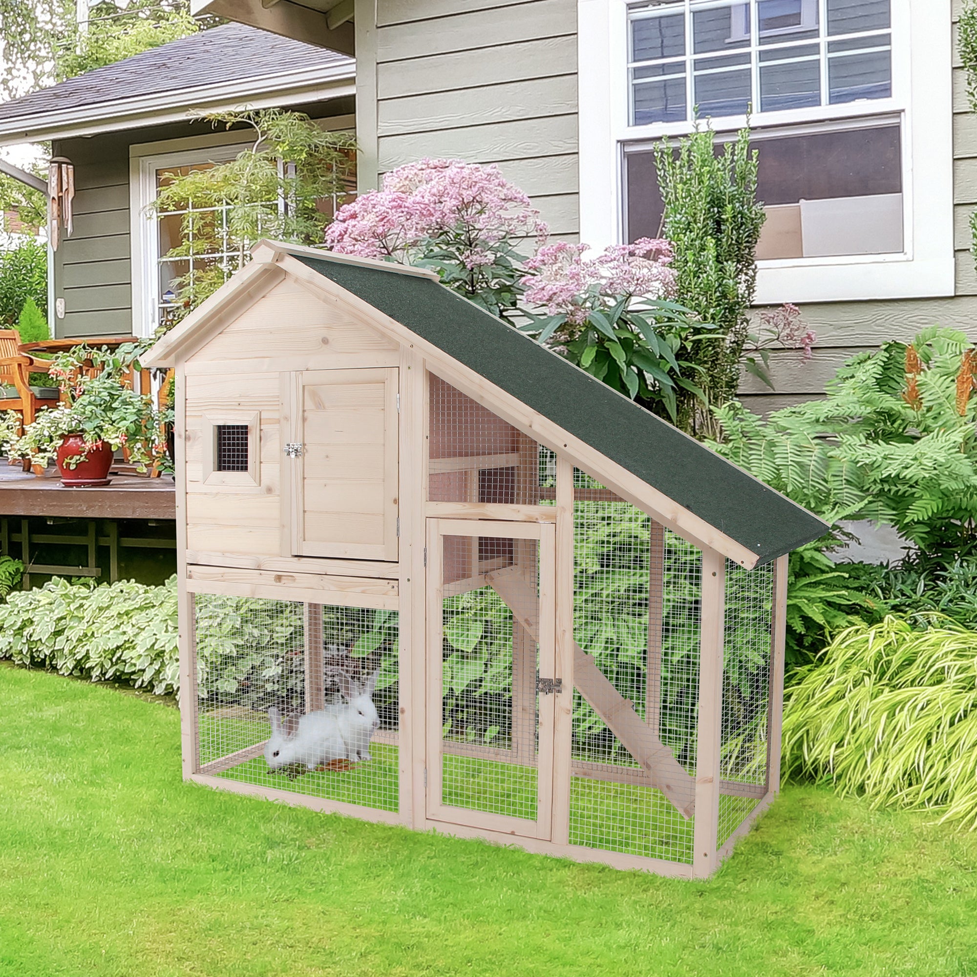 55" L 2-Tier Wooden Rabbit Hutch Bunny Cage - Natural Wood Color - Image 2