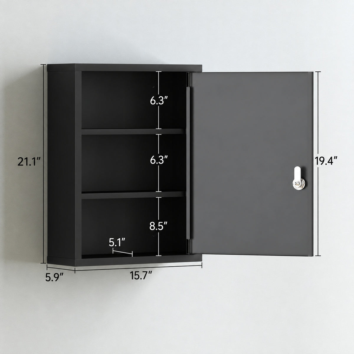 16" x 21" Lockable Medicine Cabinet, 3 Tier Steel Medical Wall Box with 2 Keys and Shelves for Bathroom, Black
