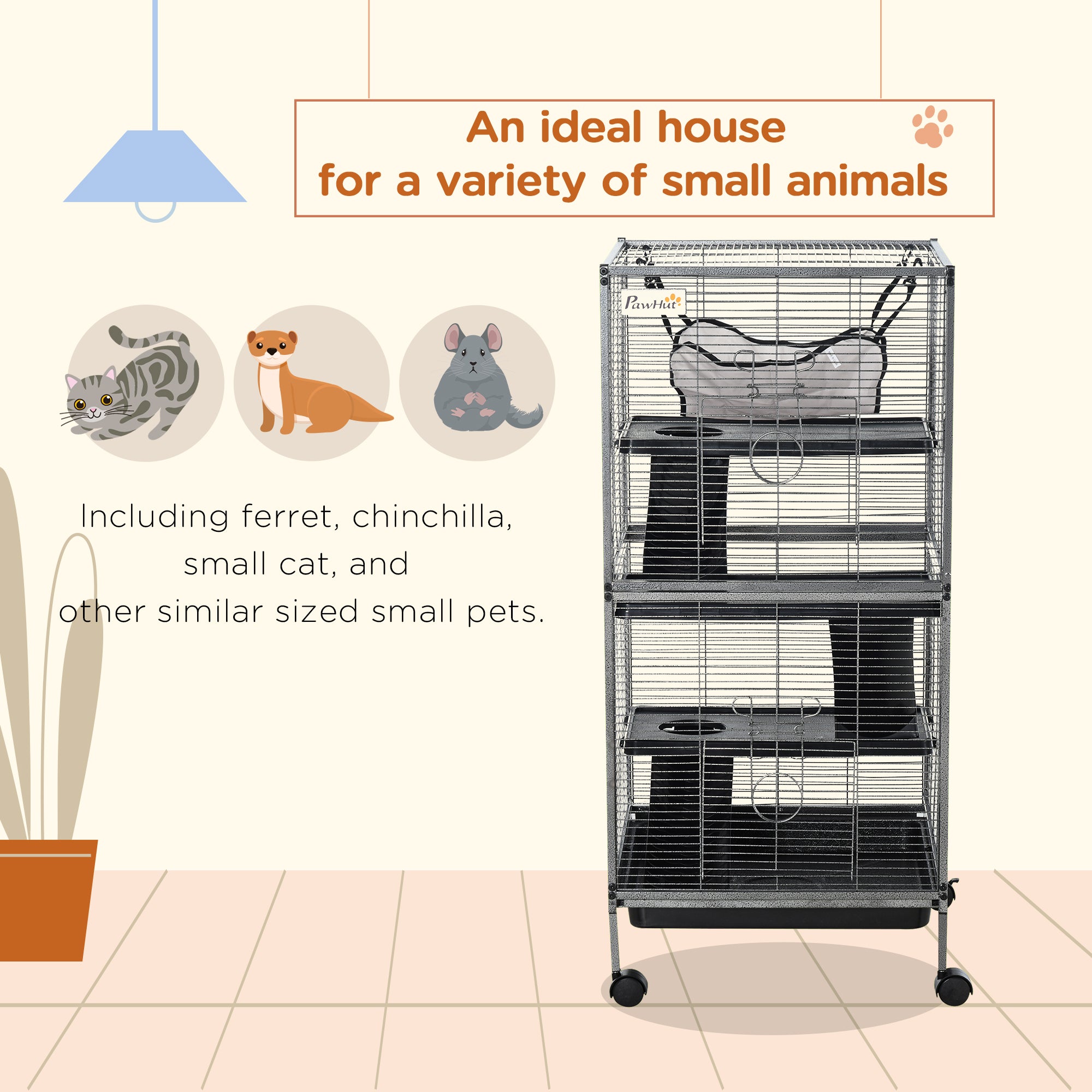 Metal Small Animal Cage Rolling Big Ferret Cage, Chinchilla Cage, Sugar Glider Cage, with Hammock & 4 Tiers, Removable Tray, Gray - Gray - Image 4
