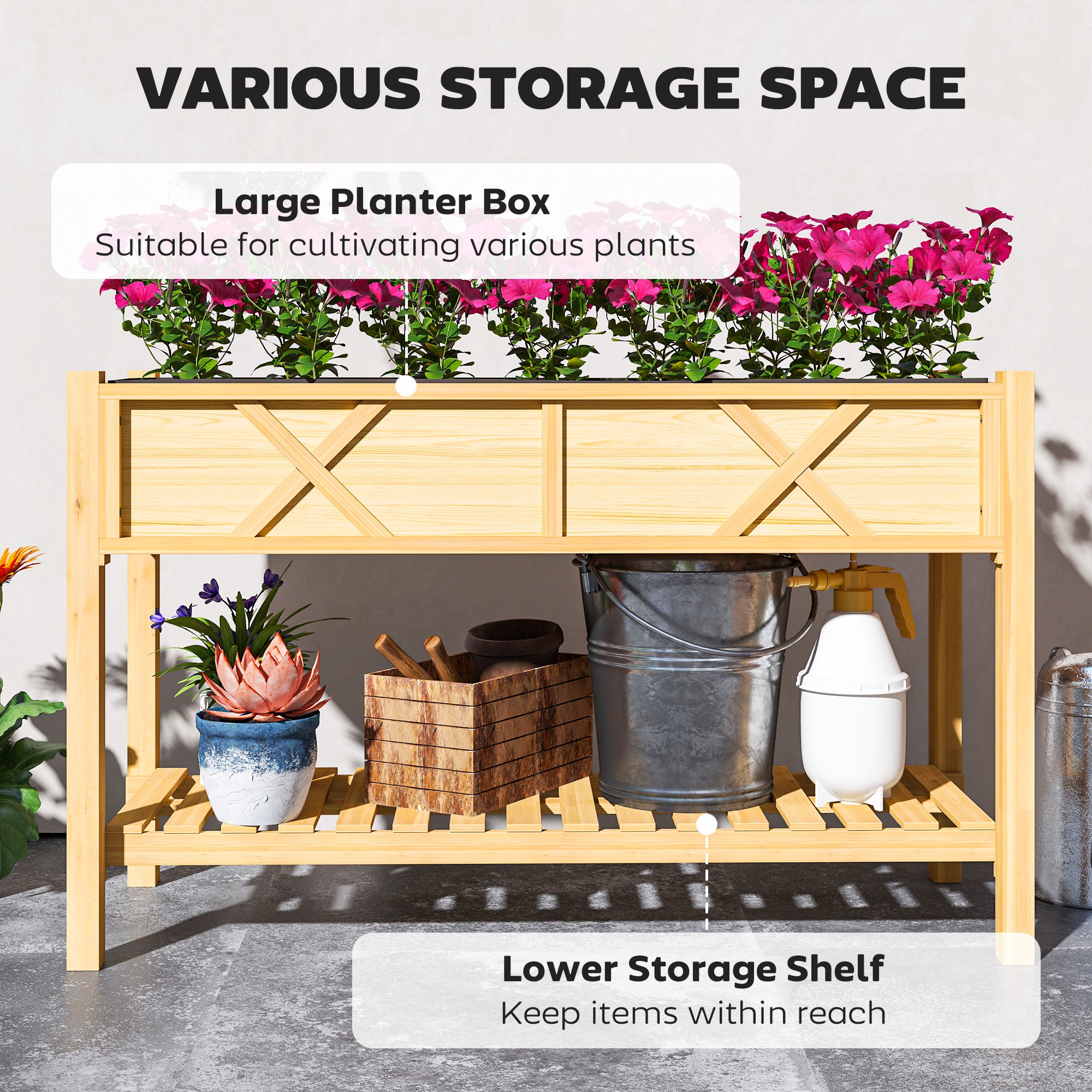 Raised Garden Bed, 47 x 22 x 31.5 in. Elevated Wood Planter Box with Storage Shelf, Drainage Holes, and Liner, Natural - Natural Wood - Image 4