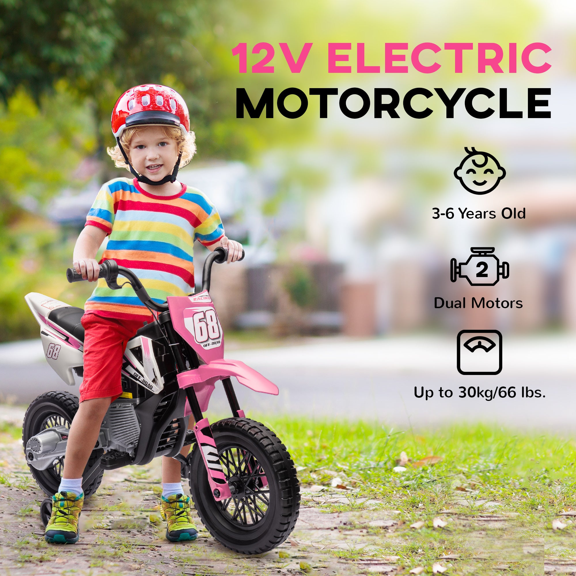 12V Kids Electric Motorcycle w/ Twist Grip Throttle, Training Wheels, Rear Suspension & Music, Pink