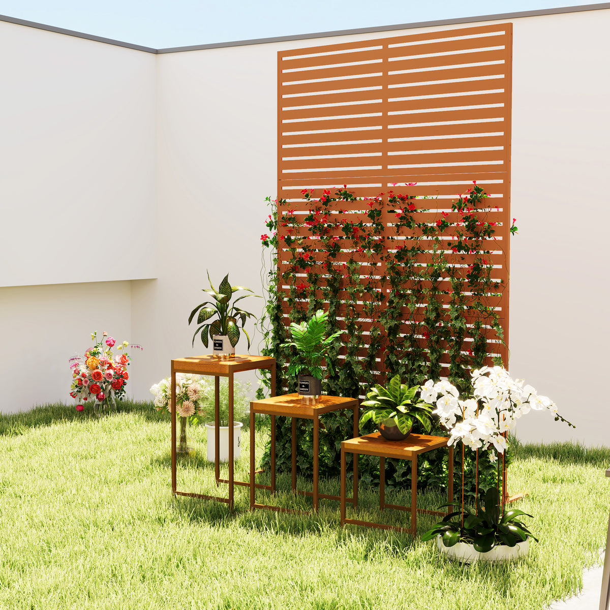 Decorative Privacy Fence Screen, Metal Outdoor Privacy Screen Climbing Plant Trellis with Stand, 78" H x 48" W, Brown