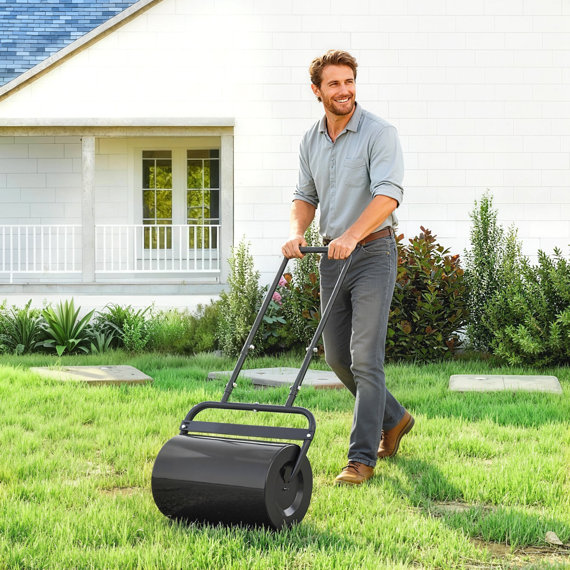 20-Inch Push/Tow Behind Lawn Roller Filled with 10 Gal Water or Sand for Flattening Sod in the Garden, Black - Black - Image 2