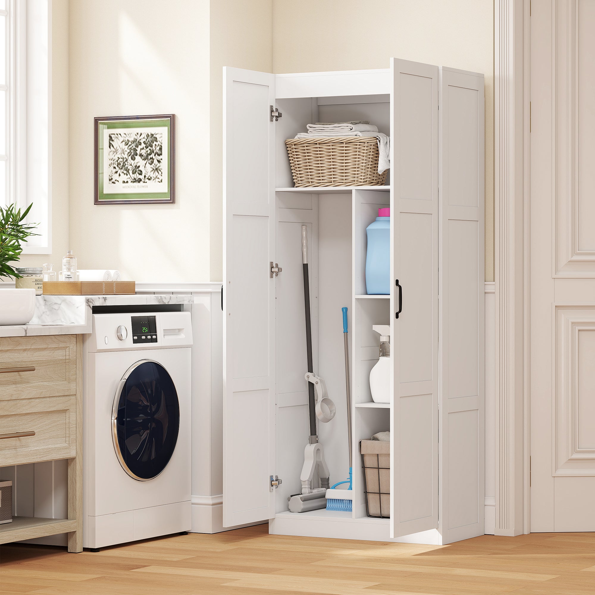 Farmhouse Pantry Cabinet, 71" Tall Kitchen Pantry Storage Cabinet with Soft-Close Hinges, Adjustable Shelves, White