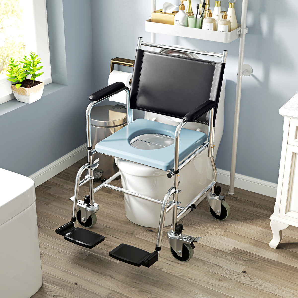 Rolling Shower Chair, Bedside Commode Wheelchair with Padded Seat, Backrest, for Seniors, Disabled, 300 lbs, Black
