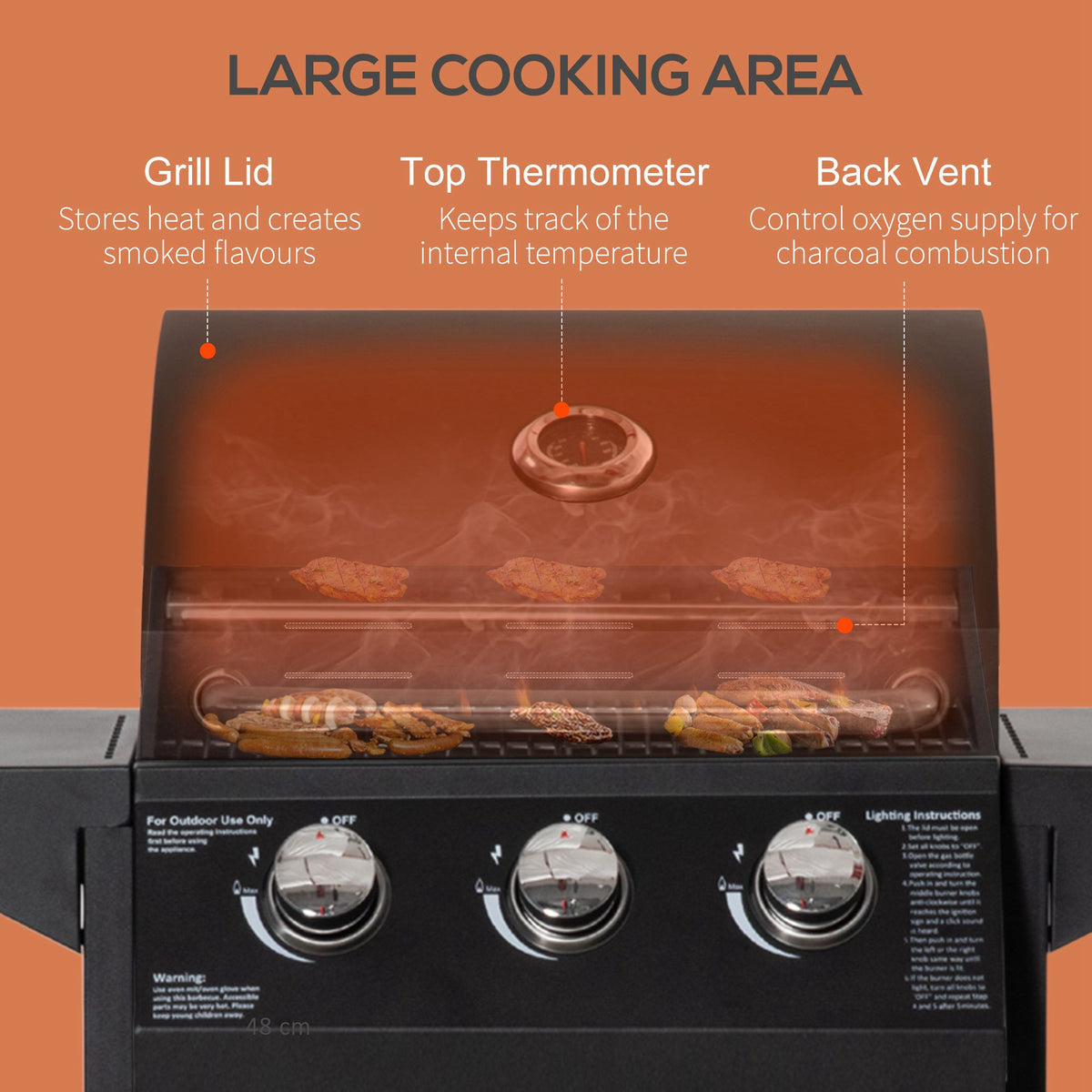Outdoor 3 Burner Gas Grill Portable Barbecue w/ Wheels, Warming Rack, Shelves, Cabinet, Thermometer, Black