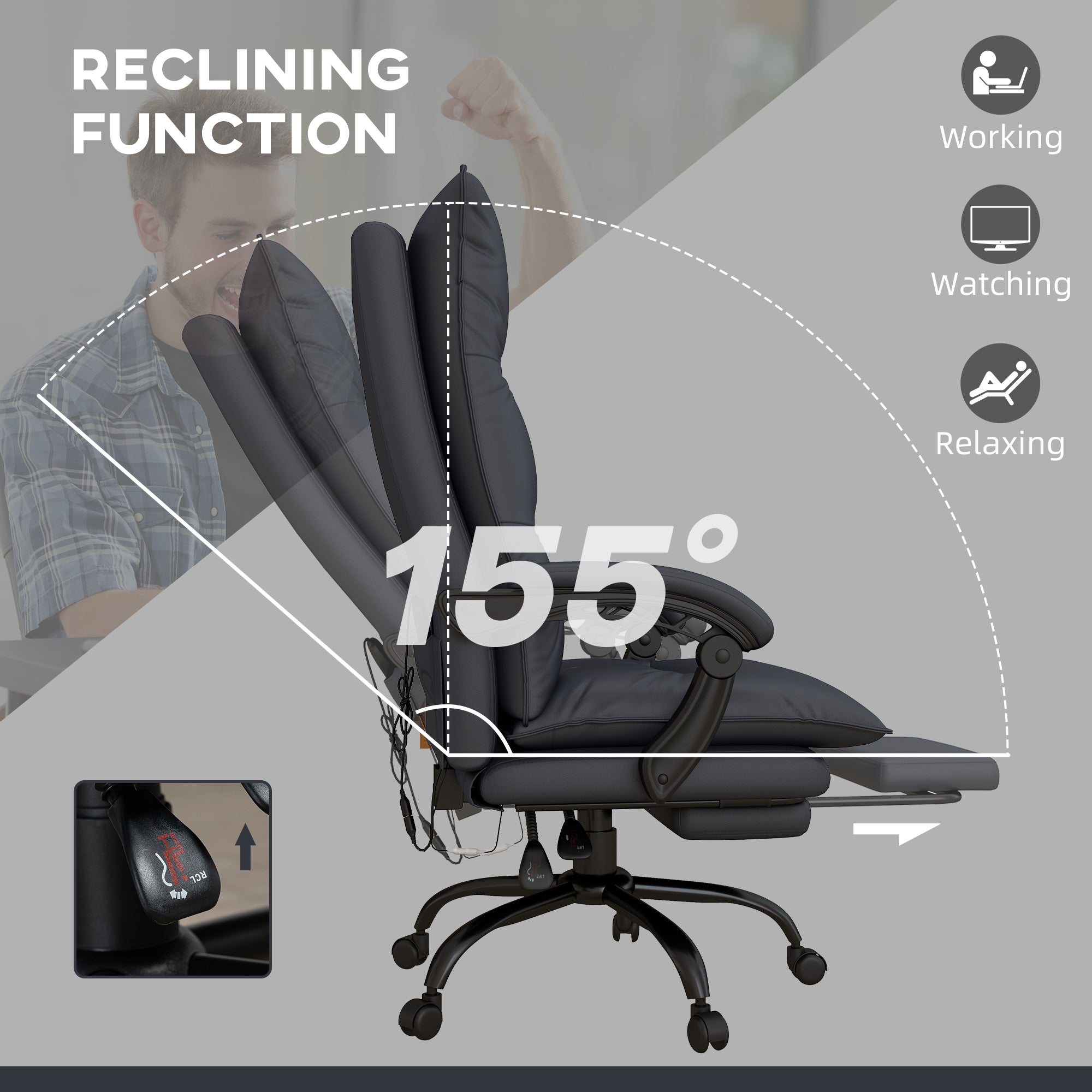 Executive Massage Office Chair with 6 Vibration Points, Microfiber Computer Desk Chair, Heated Reclining Chair with Footrest, Armrest, Double Padding, Charcoal Gray