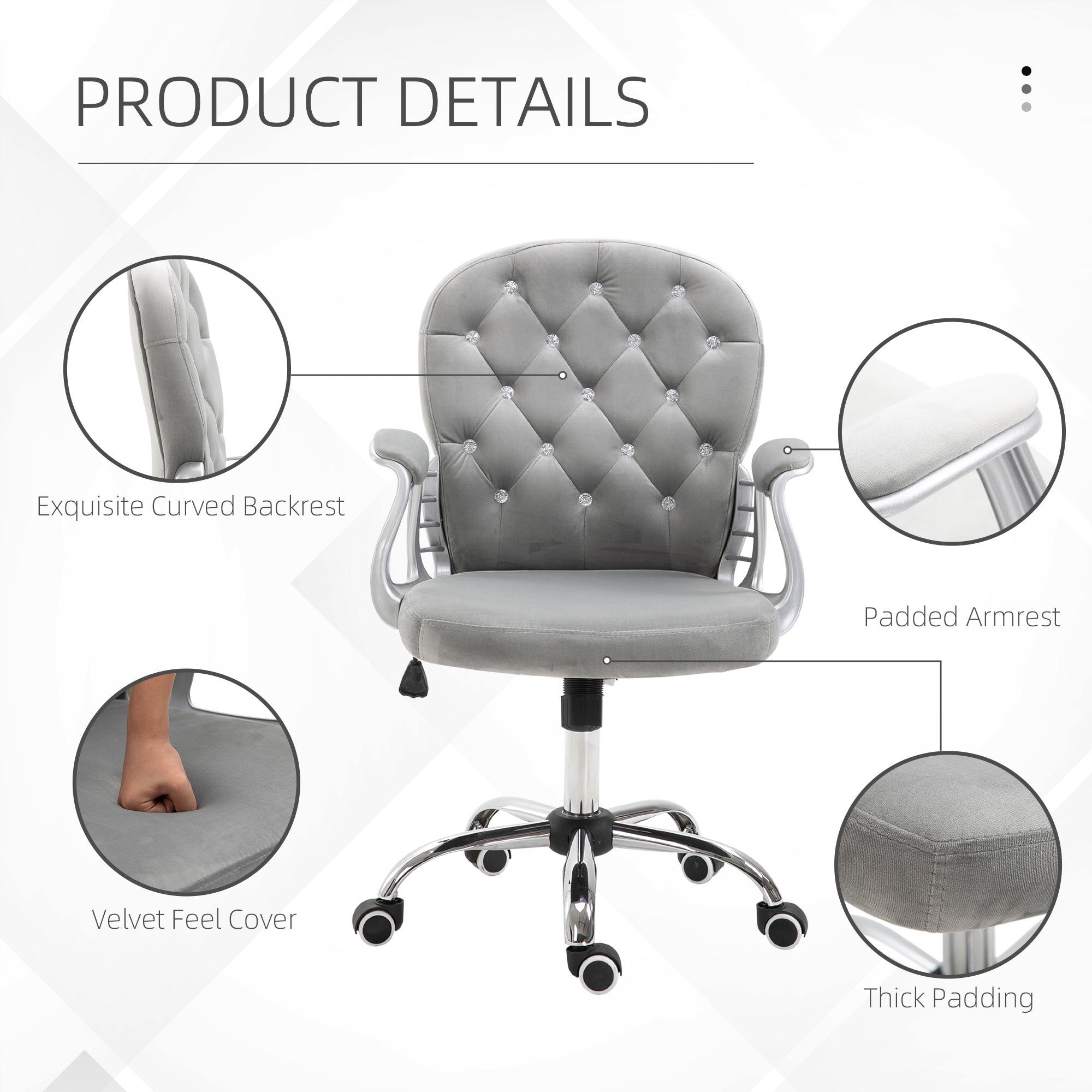 Velvet Home Office Chair, Button Tufted Desk Chair with Padded Armrests, Adjustable Height and Swivel Wheels, Gray