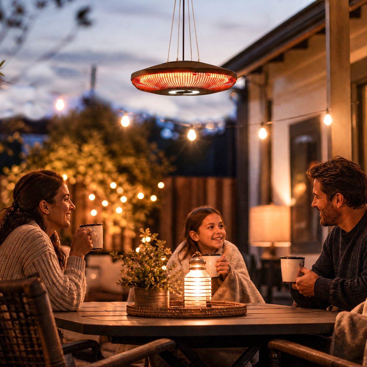 Electric Hanging Patio Heater with LED Light, 750/1500 W IP65 Ceiling Mounted Infrared Outdoor Heater, Black