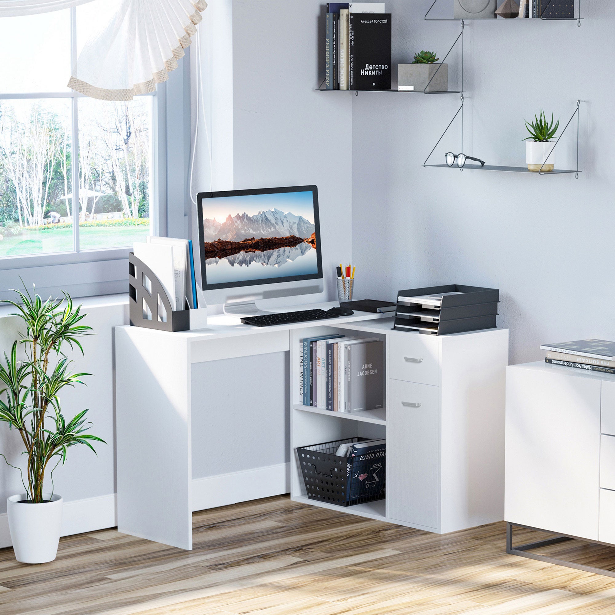L Shaped Computer Desk, 180° Rotating Corner Desk with Storage Shelves, Drawer and Cabinet, Study Workstation for Home Office, 47.25"x19.75"x 53.75", White