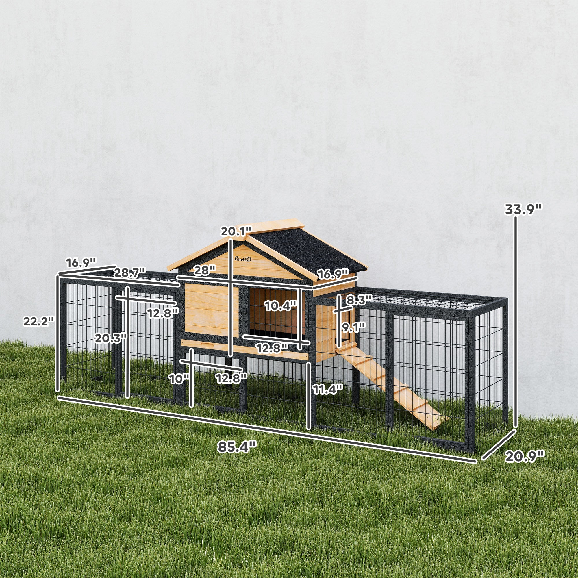 Wooden Rabbit Hutch Outdoor, 85" Large Bunny Cage with Steel Run, Removable Plastic Tray, Asphalt Roof, Ramp - Natural Wood - Image 3