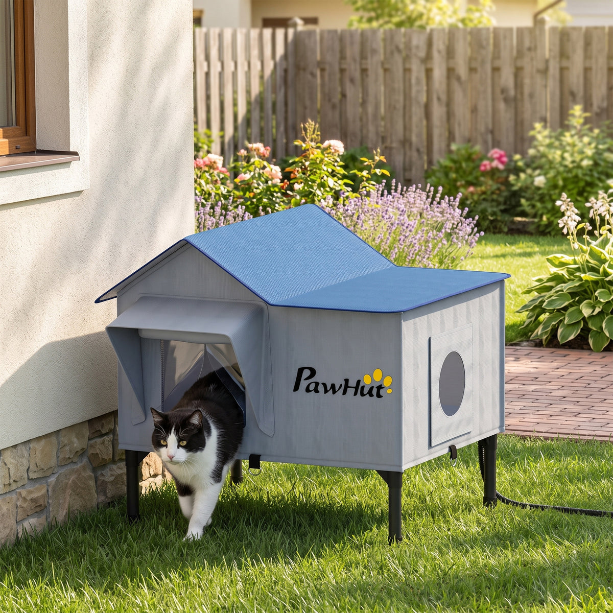 Heated Cat House Weatherproof with Heating Pad, Elevated Base, Safe Escape Door, for Stray, Barn Cats