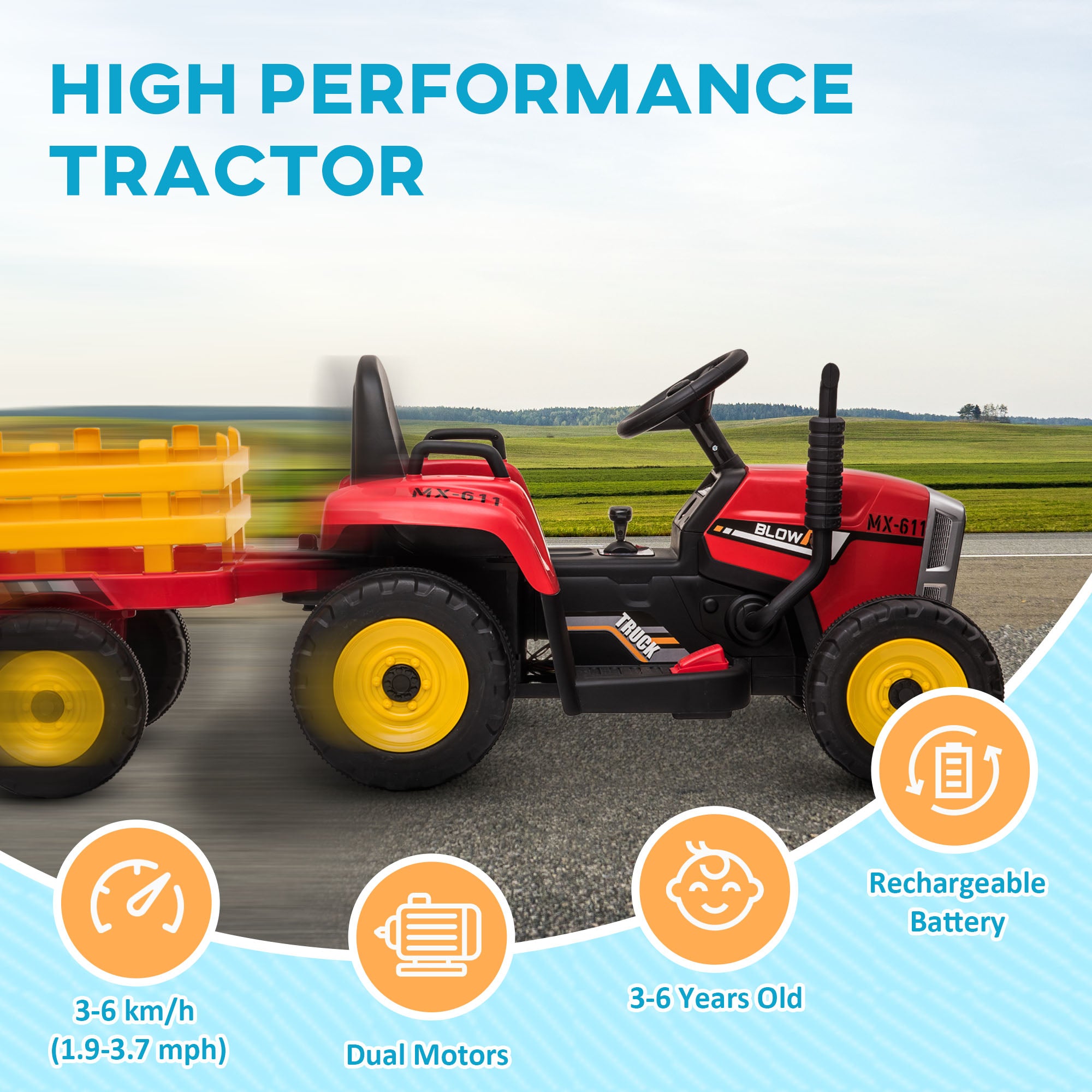 12V Electric Ride on Tractor with Trailer, 25W Dual Motors, Red