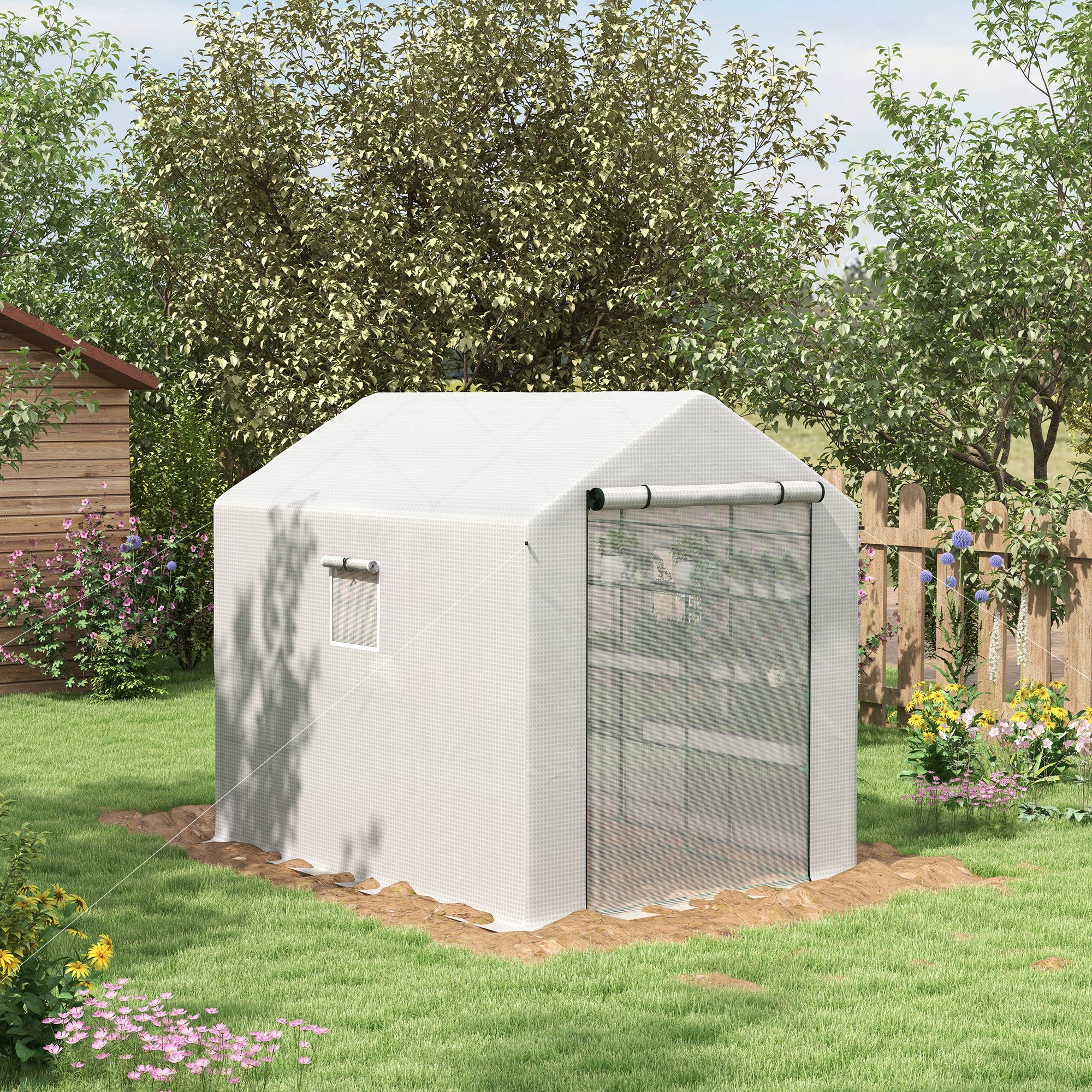 8' x 6' x 7' Portable Walk in Greenhouse with Mesh, Door, Windows, 18 Shelf, Trellis, Plant Labels, White - White - Image 2
