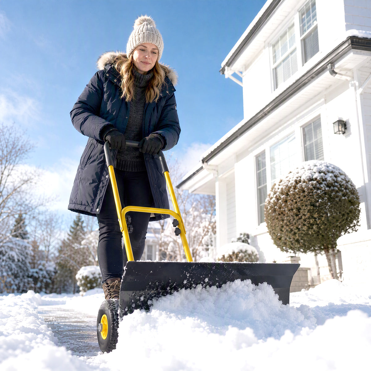Snow Shovel with Wheels, 29" x 16.5" Metal Snow Pusher with Adjustable Handle, 5-Angle Blade for Driveway, Yellow