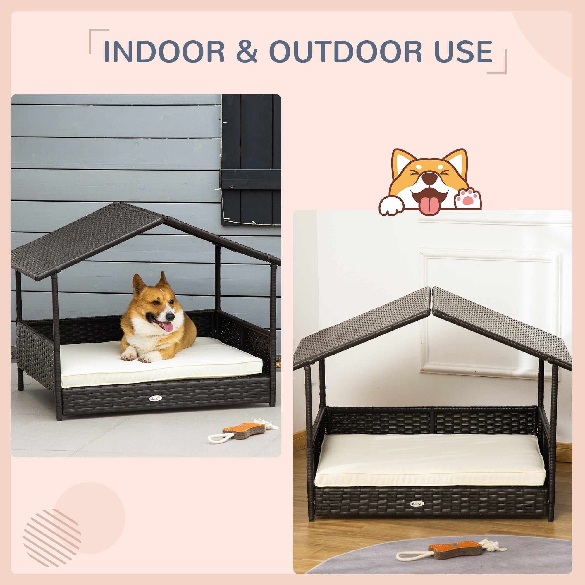 Wicker Dog House Outdoor with Canopy, Rattan Dog Bed with Water-resistant Cushion, Raised Dog Bed for Small, Medium Dogs up to 66 lbs, 19.75" in Length, Brown Wicker, White Cushion - Cream White - Image 4