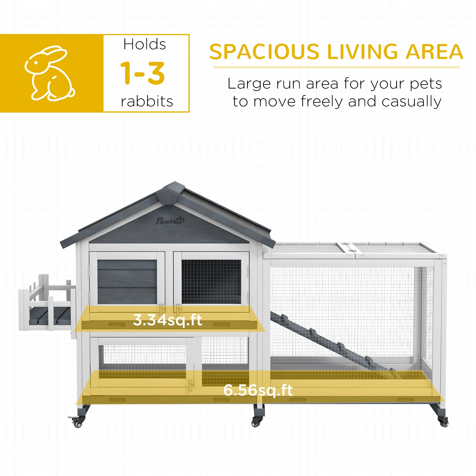 65" Wooden Rabbit Hutch, Pet Playpen with Openable Roof & Storage Box for Rabbits and Small Animals, Gray - Gray - Image 4