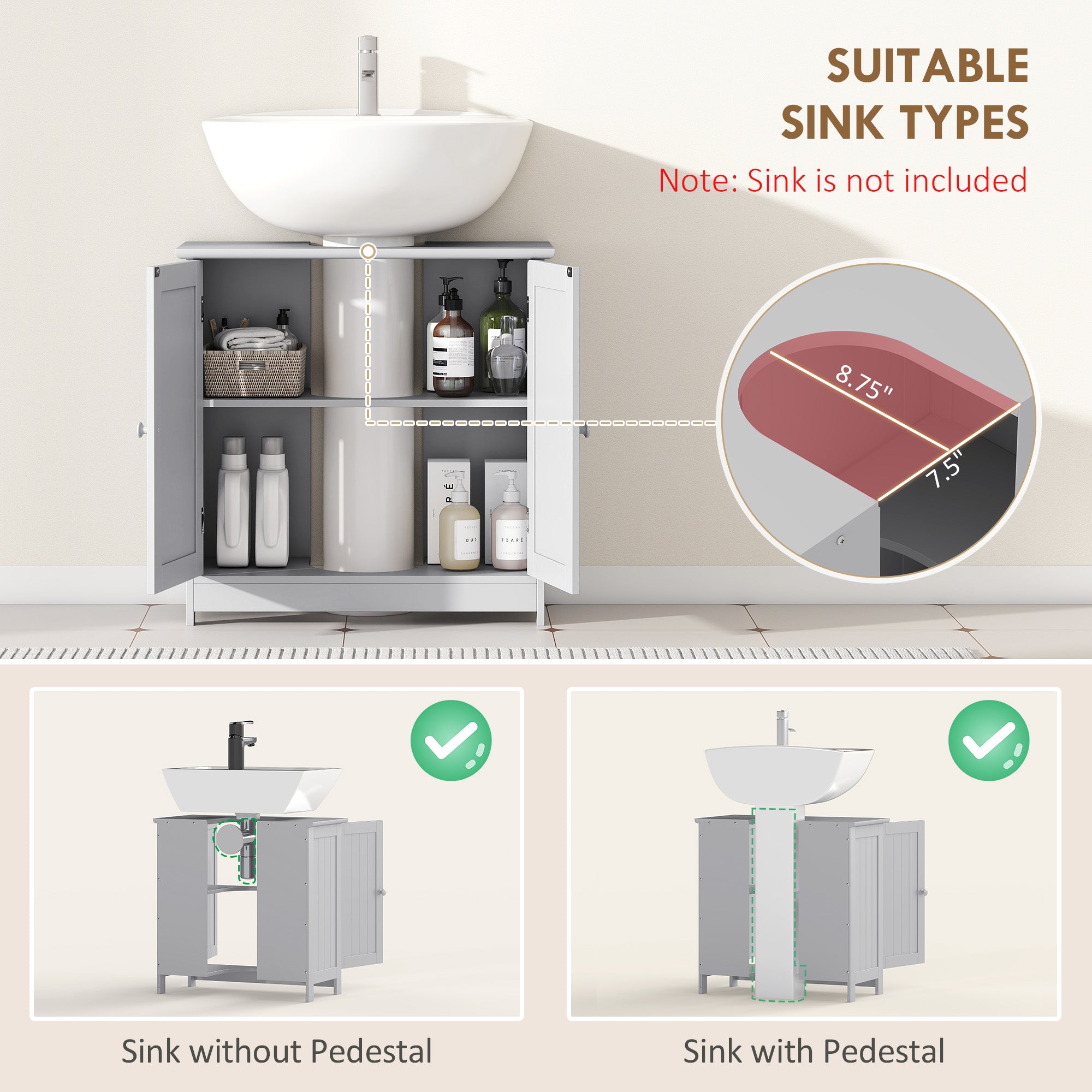 Bathroom Vanity Cabinet, Under Sink Bathroom Cabinet with 2 Doors and Adjustable Shelf, Light Gray