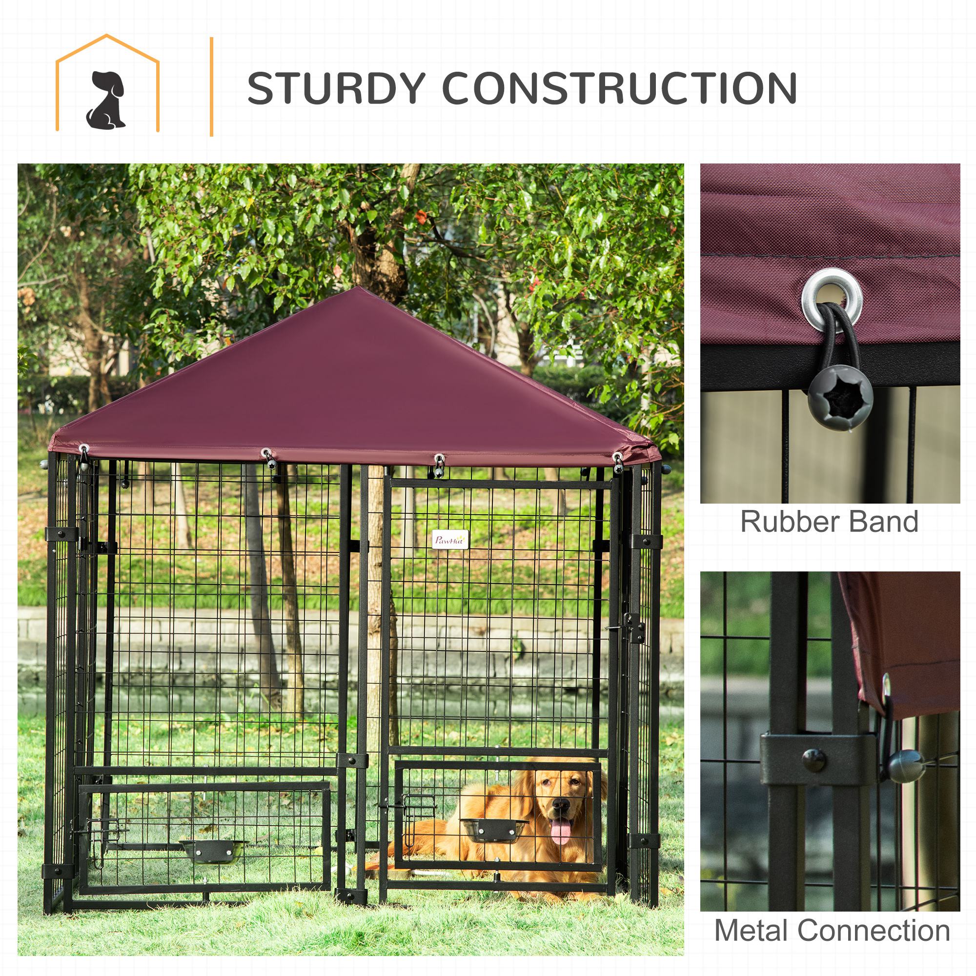 Outdoor Dog Kennel with Rotating Bowl Holders, Pet Playpen with Waterproof Cover, 4.6' x 4.6' x 5', Red - Red - Image 6
