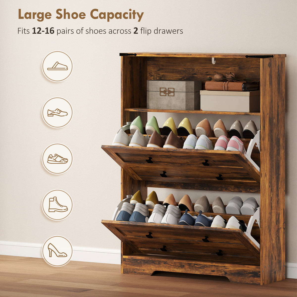 Shoe Cabinet with 2 Flip Drawers, Narrow Shoe Storage Cabinet, Rustic Brown