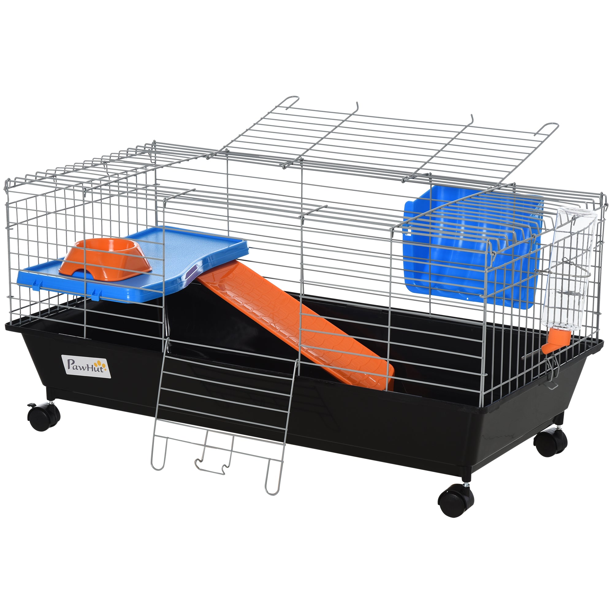 35"L Small Animal Cage with Food Dish, Water Bottle, Hay Feeder, Platform, Ramp for Chinchilla, Black - Black