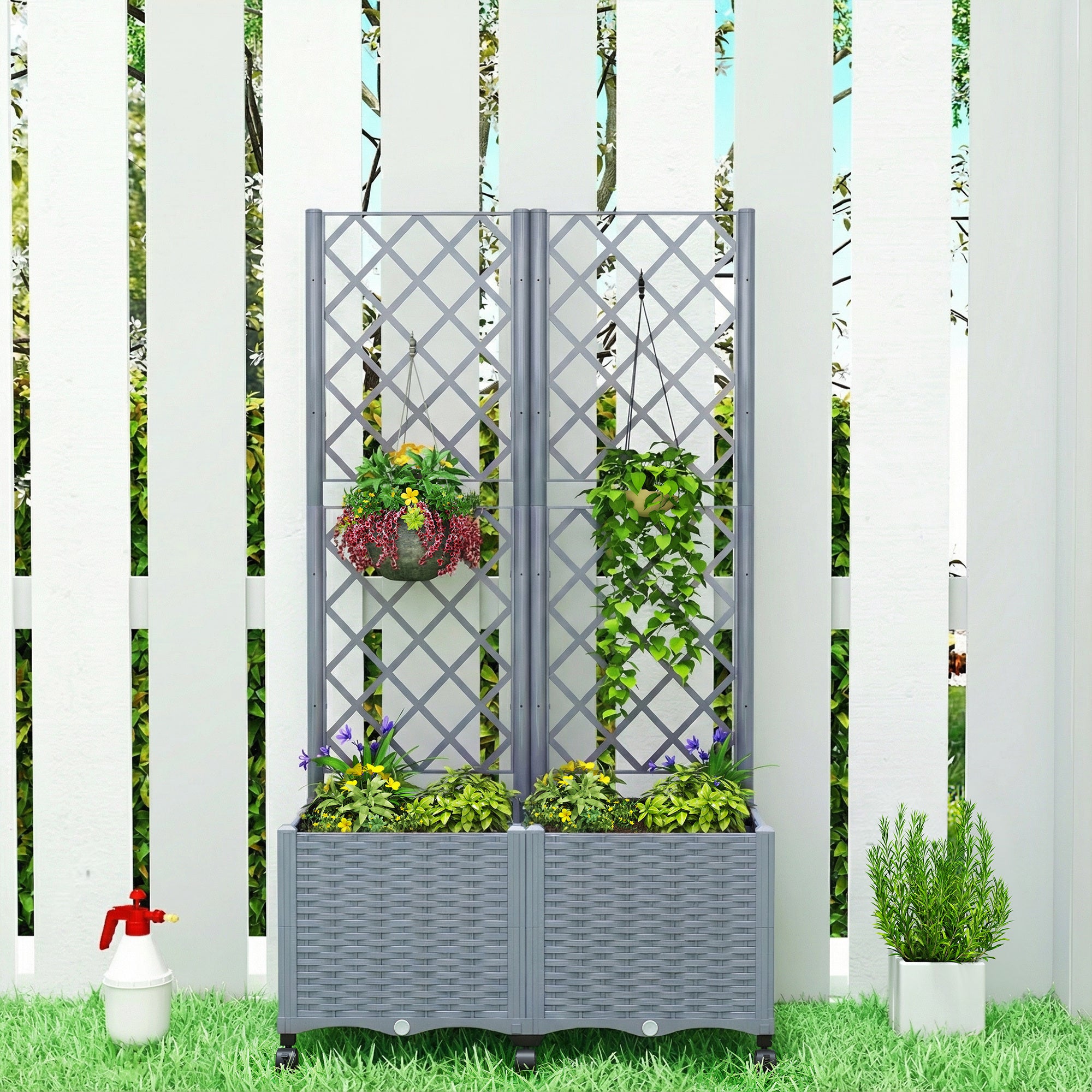 Planter Box with Trellis, Self Watering Raised Garden Bed with Lockable Wheels and Drainage Holes, Gray - Gray - Image 8