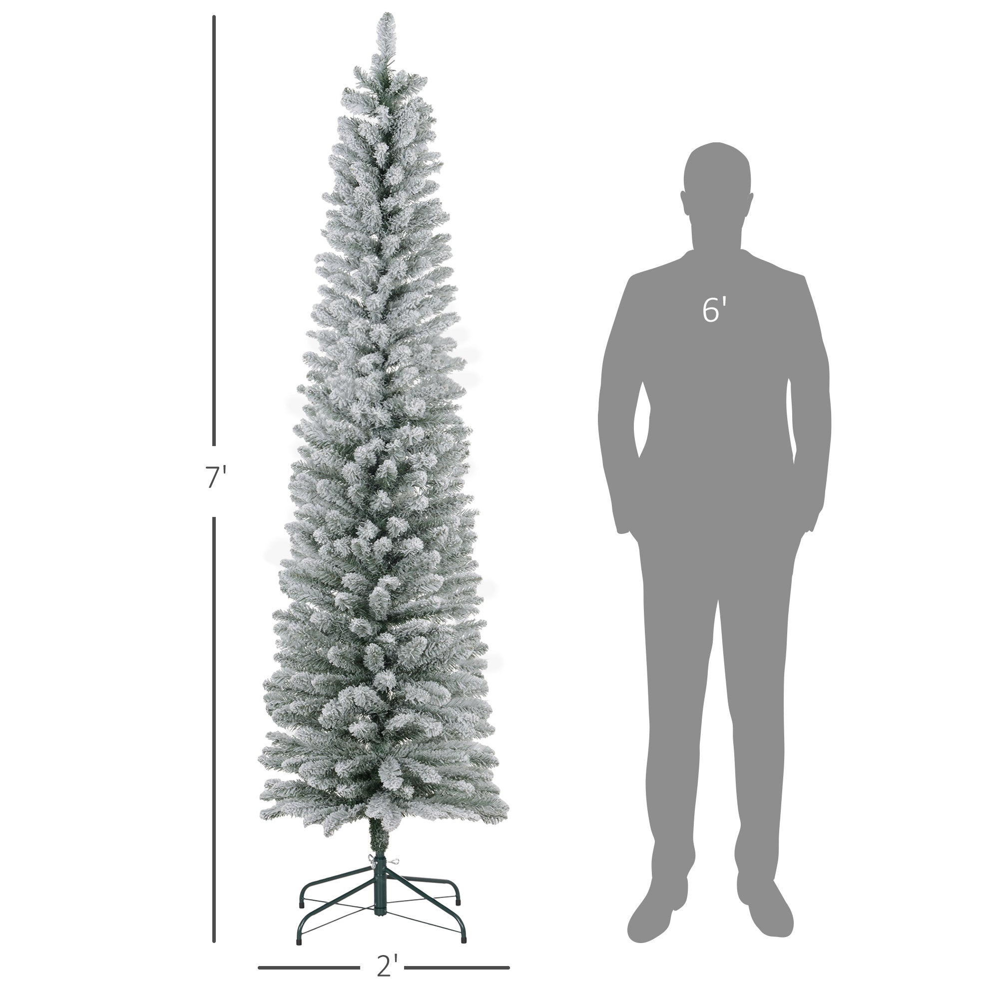 7ft Artificial Christmas Tree, Snow Flocked Branches, Metal Base, Pencil Xmas Tree
