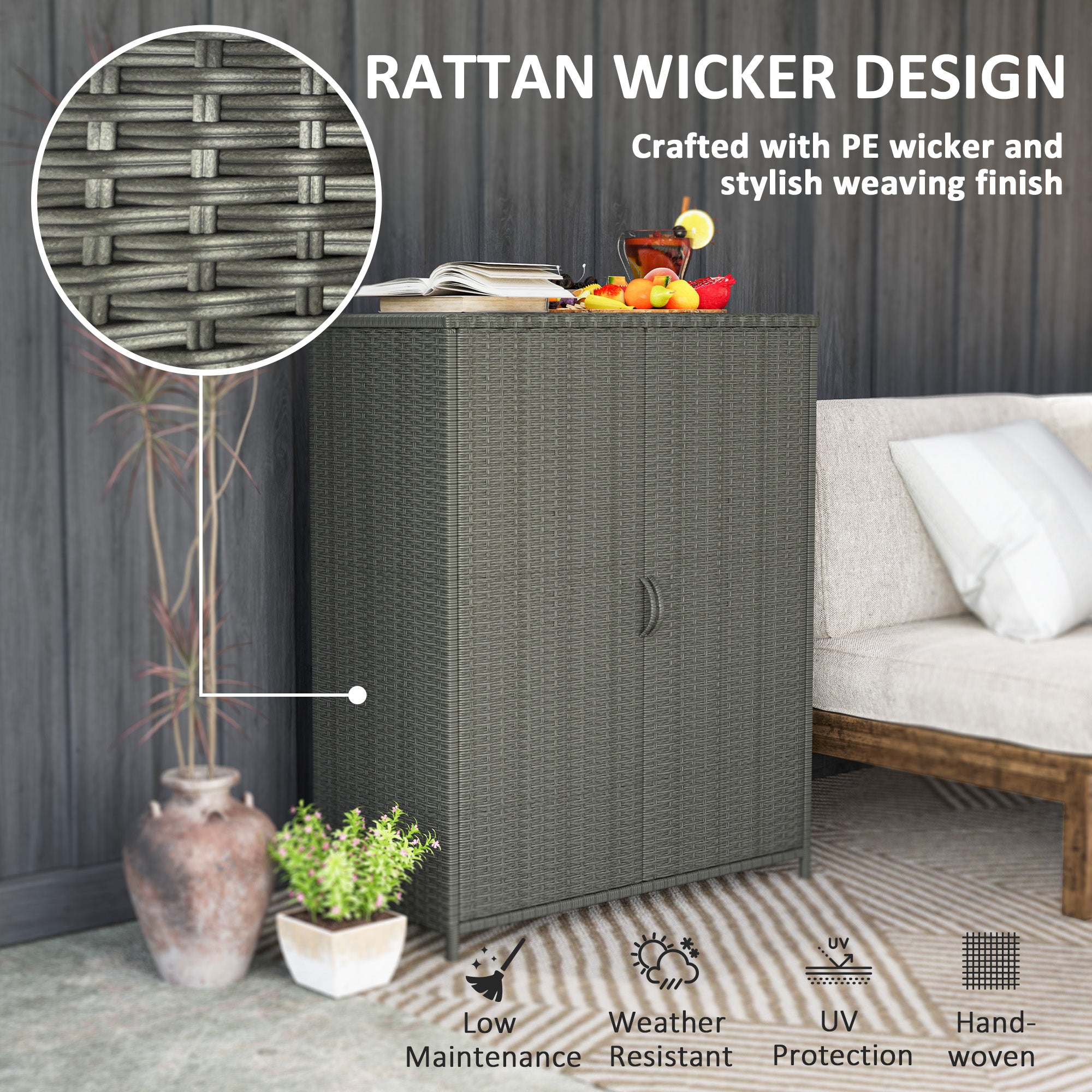 Rattan Wicker Outdoor Storage Cabinet with 4 Shelves and 2 Doors for Garden Pool Towel Storage, Dark Gray - Dark Gray - Image 5