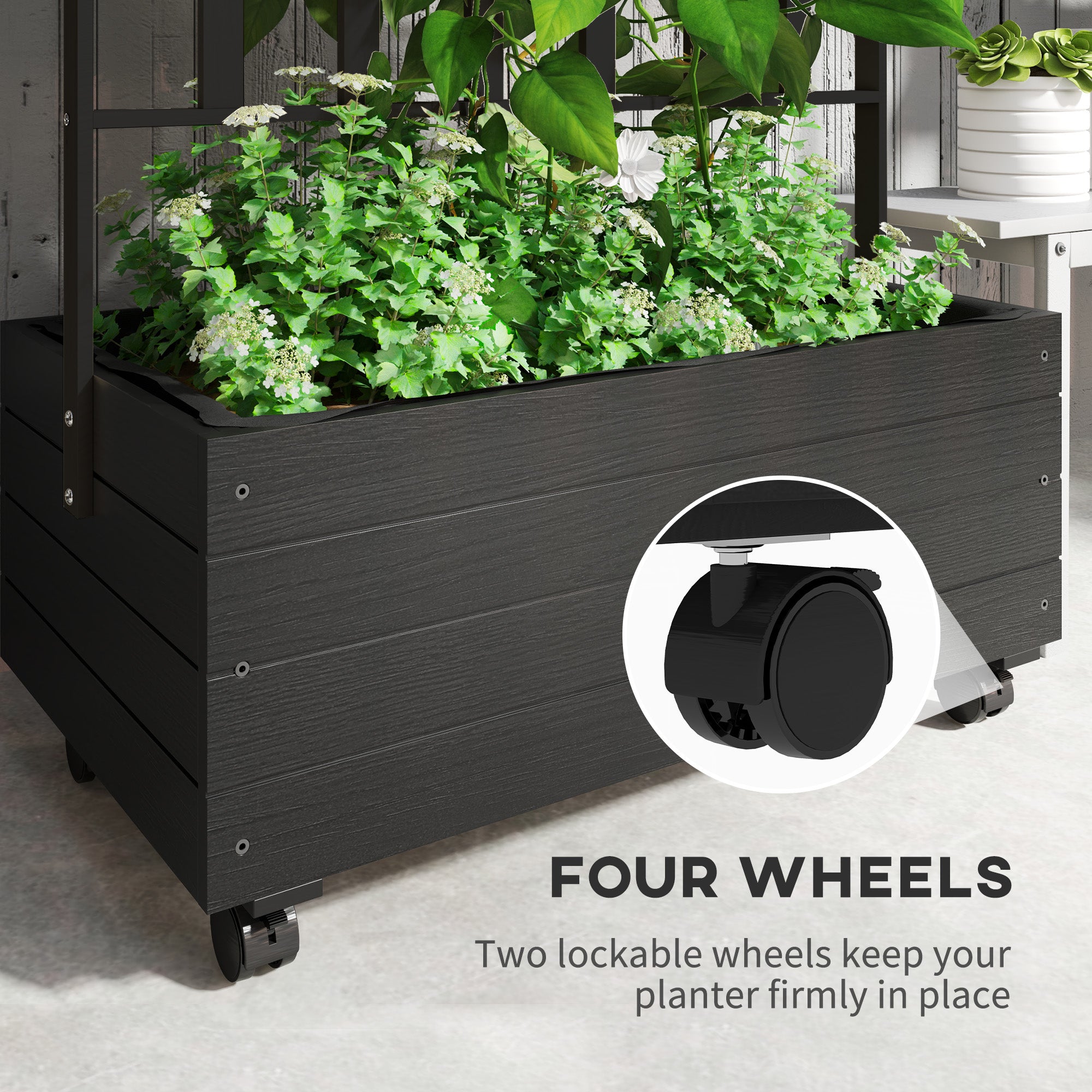 Raised Garden Bed with Trellis and Wheels, Outdoor Planter Wooden Elevated Garden Bed for Garden, Patio, Balcony - Black - Image 5