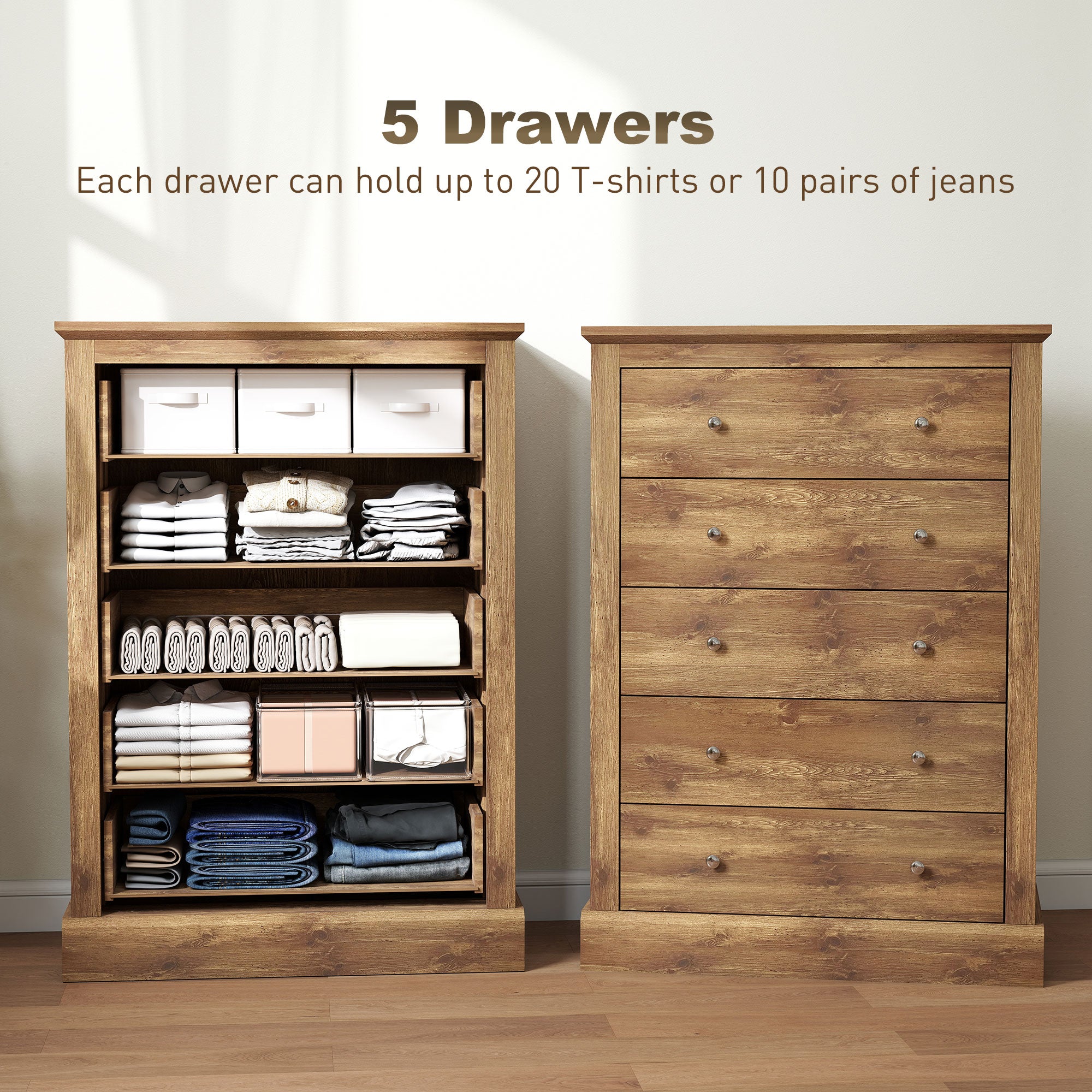 31" Wide Farmhouse Chest of Drawers with 5 Drawers, Dresser for Bedroom with Wood Top for Living Room, Brown