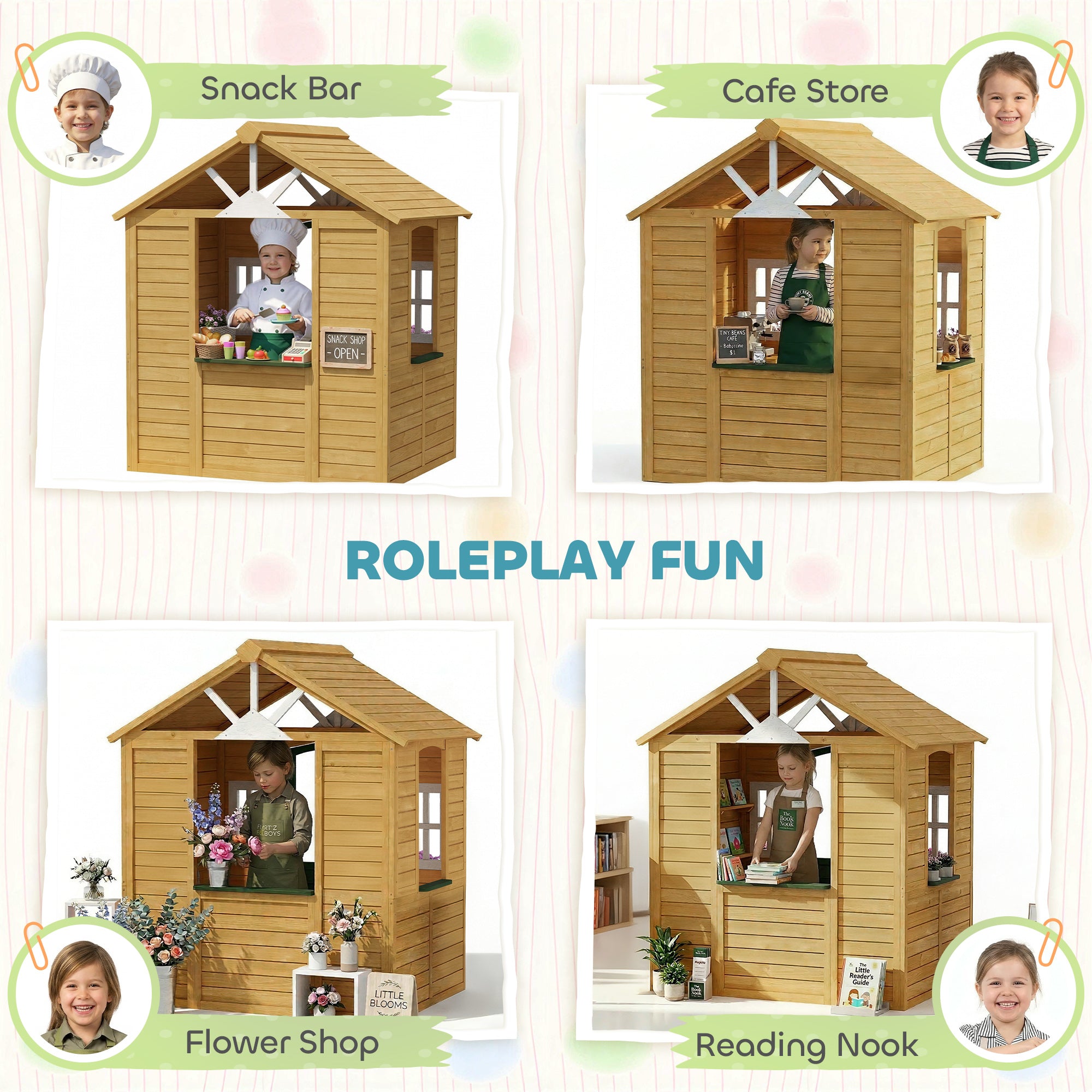 Outdoor Playhouse, Wooden Kids Playhouse with Door, 3 Windows, 2 Flower Boxes for Garden, Indoor Playroom, Ages 3–8