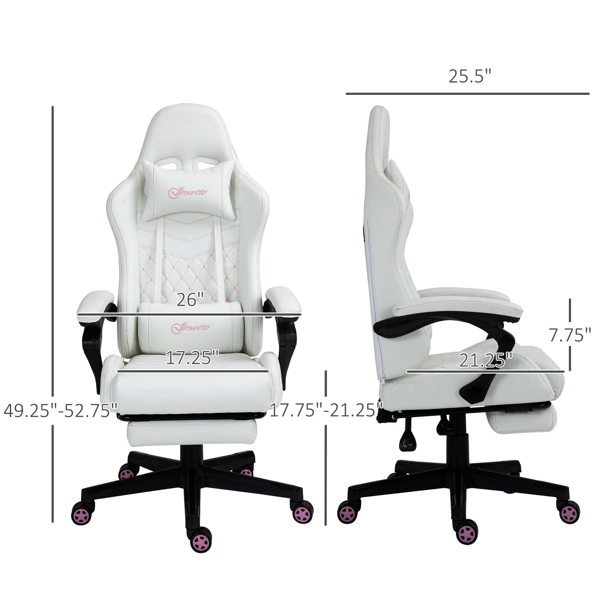High Back PU Leather Gaming Chair, Racing Computer Chair with Swivel Wheels, Retractable Footrest, Headrest, Lumbar Support, and Armrest, White and Pink