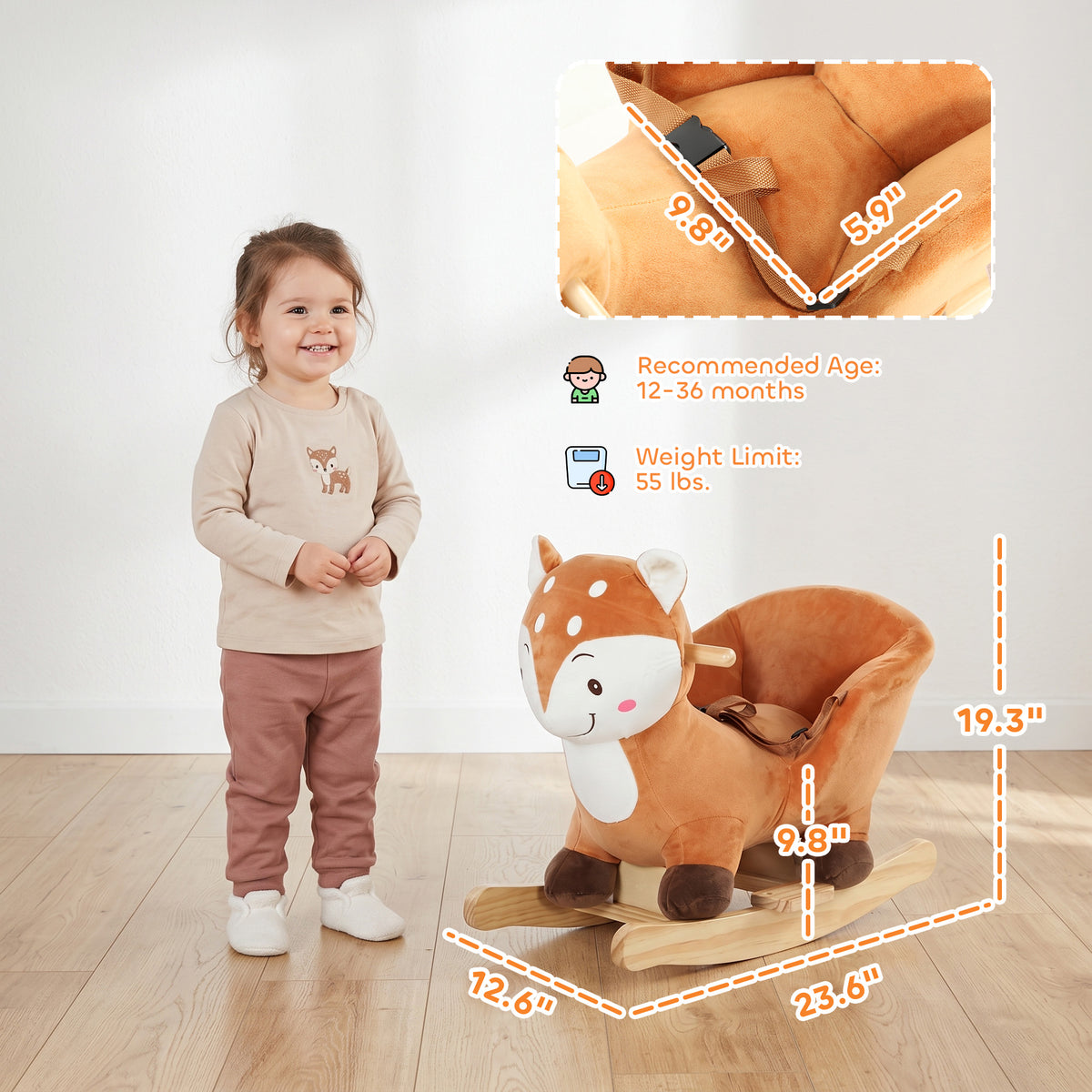 Baby Rocking Horse, Spotted Deer Rocking Horse Toy with Sounds, Seat Belt and Widened Base for Toddlers 1-3 Y, Brown