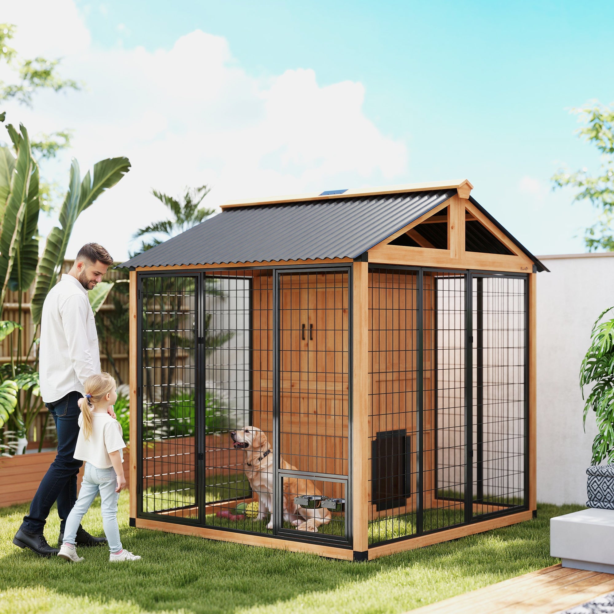 7' x 6' Extra Large Dog House, Wood Outdoor Dog Kennel with Storage Cabinet, Stainless Steel Bowls, Light Yellow - Yellow - Image 2