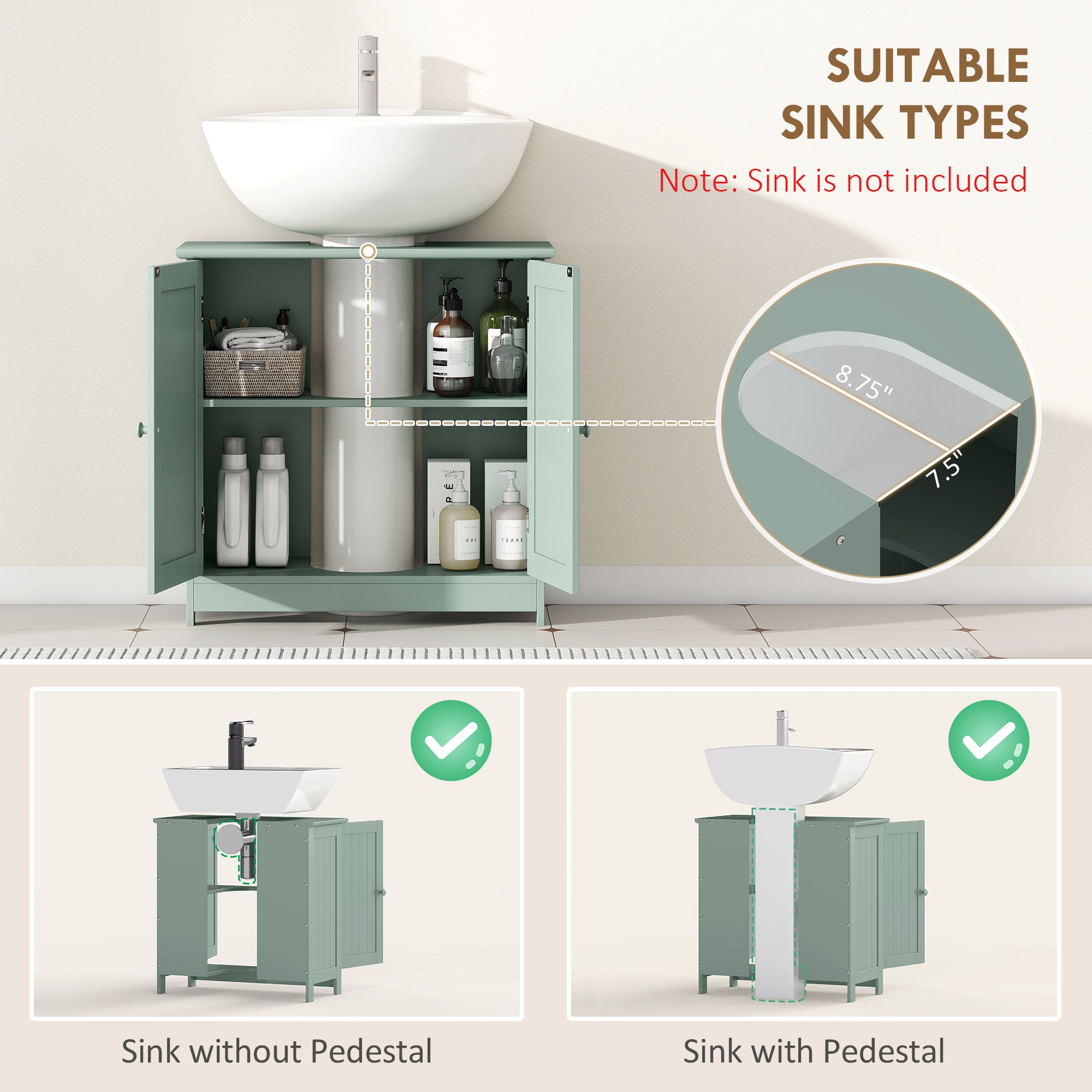 Bathroom Vanity Cabinet, Under Sink Bathroom Cabinet with 2 Doors and Adjustable Shelf, Dark Green