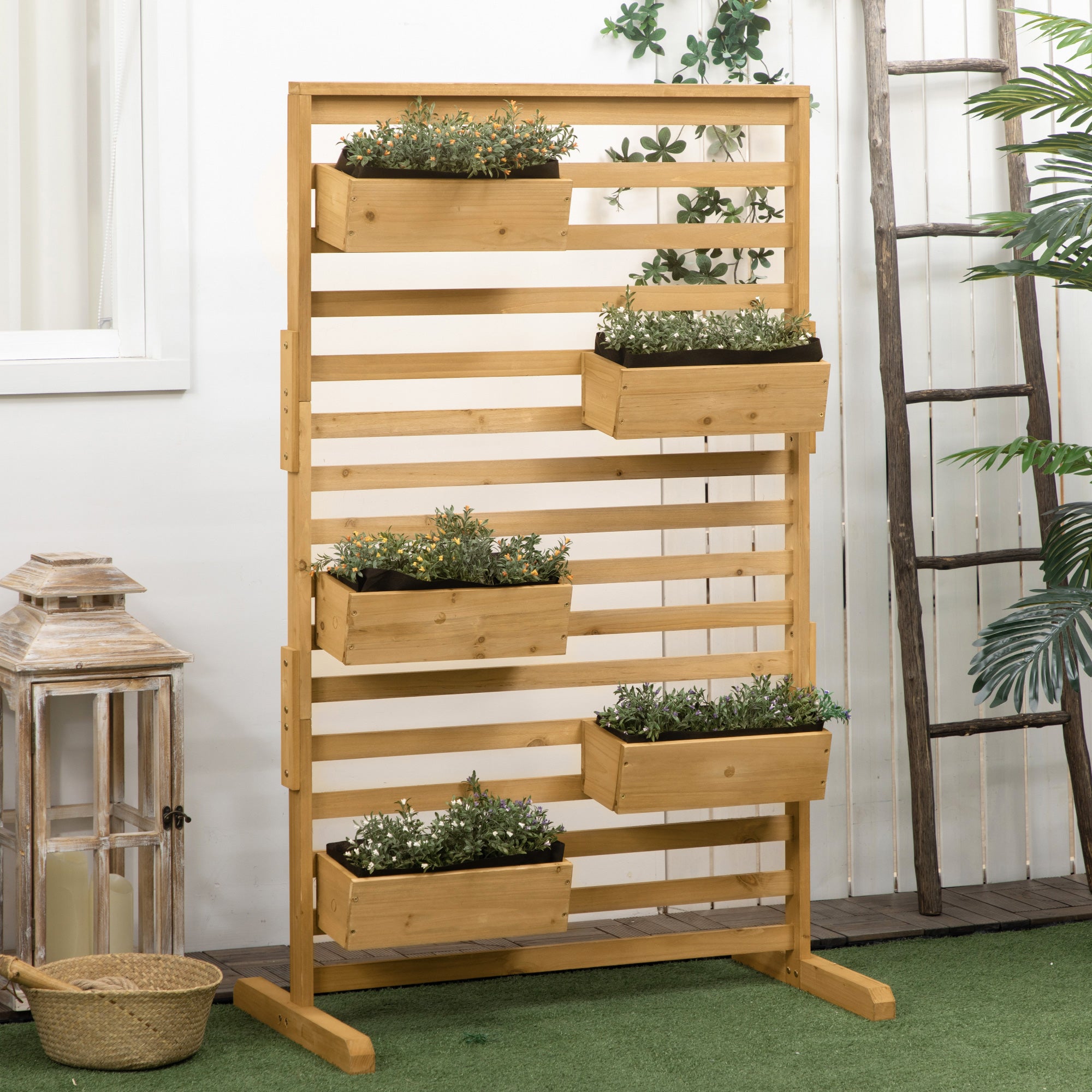 Wooden Plant Trellis Stand with 5 Hanging Planter Boxes, Freestanding Outdoor Plant Stand for Patio, Garden, Balcony, Porch - Natural Wood - Image 2