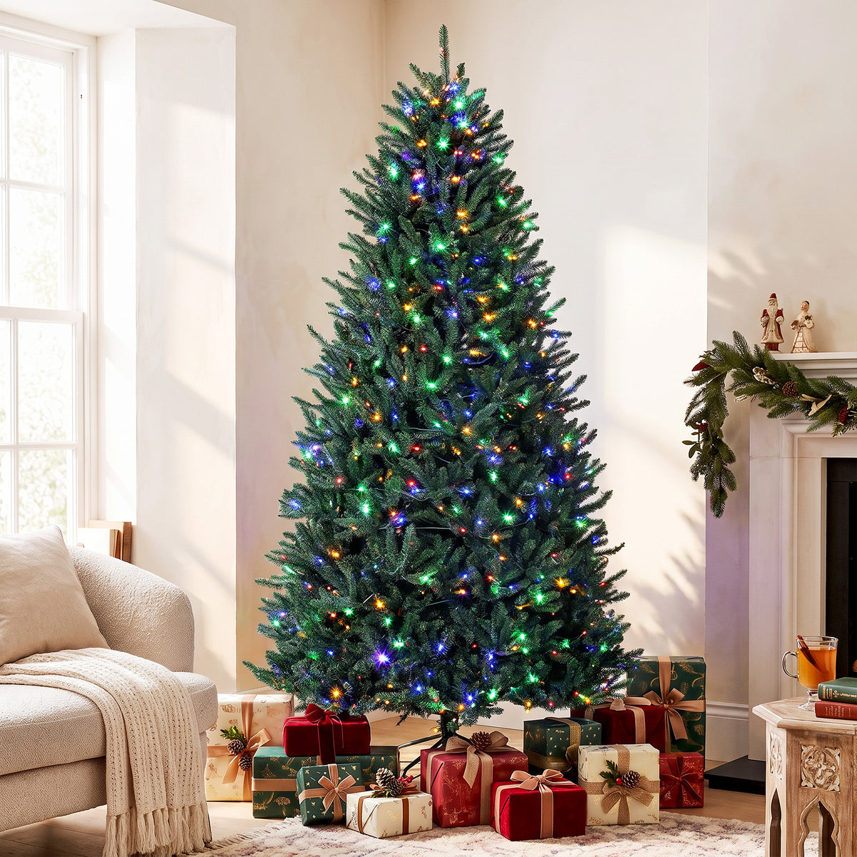 9ft Prelit Christmas Tree, Colorado Blue Spruce, Easy Plug, Hinged Xmas Tree with Warm White & Multi-Color LED Lights